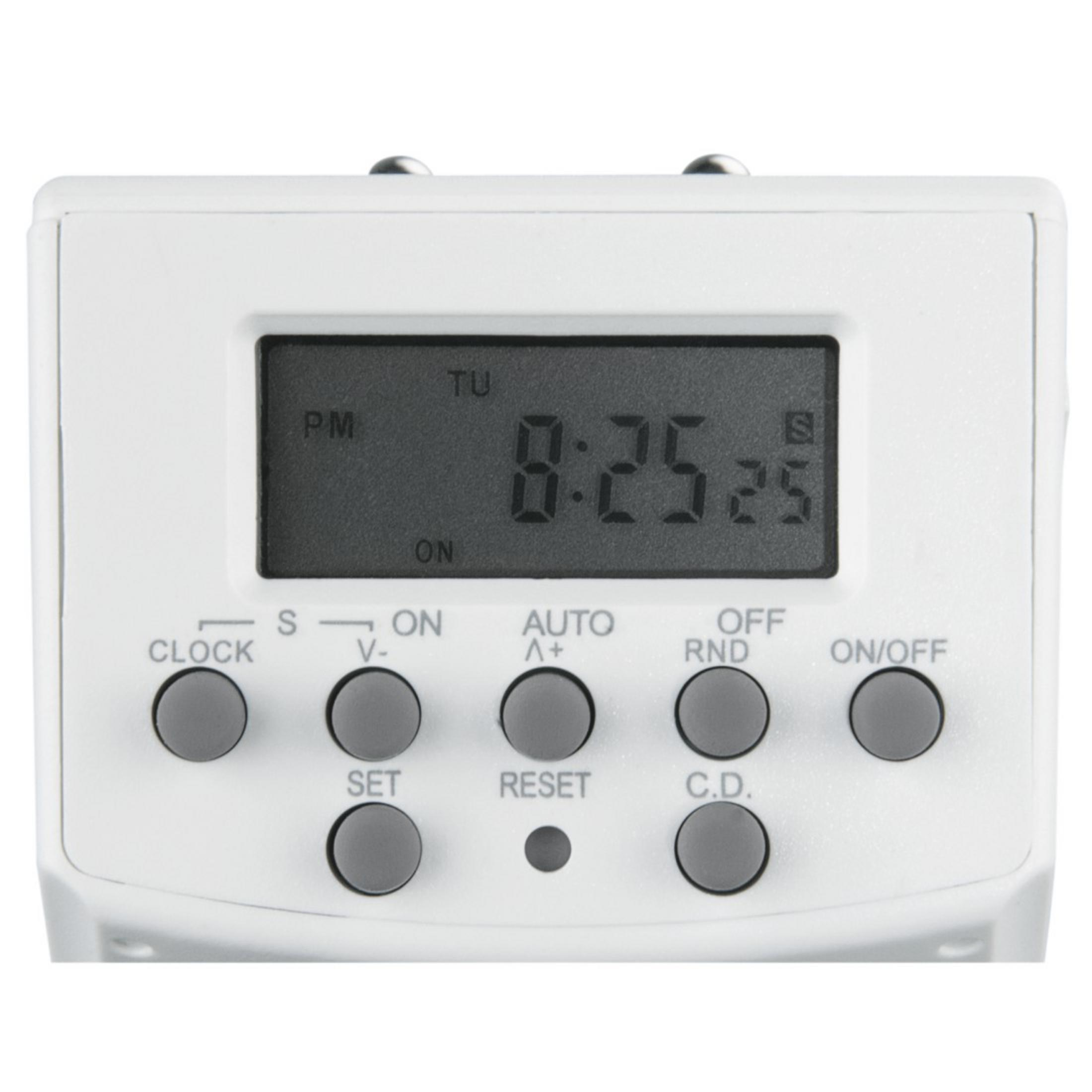 Timer digitale bianco con pulsanti e display che mostra 8:25:25. Su sfondo bianco.