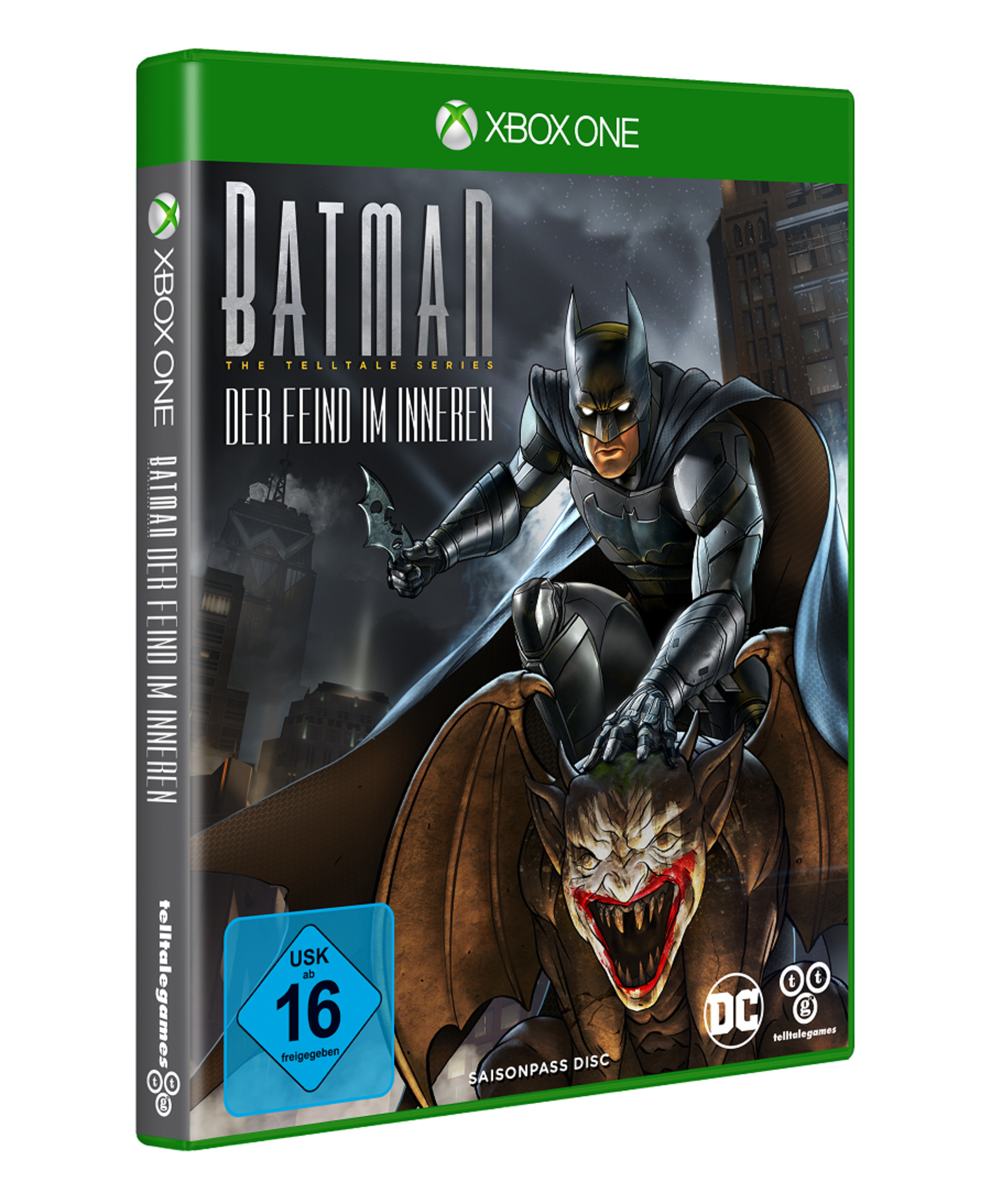 Batman-Spielcover, Batman und Joker, düstere Stadtlandschaft.