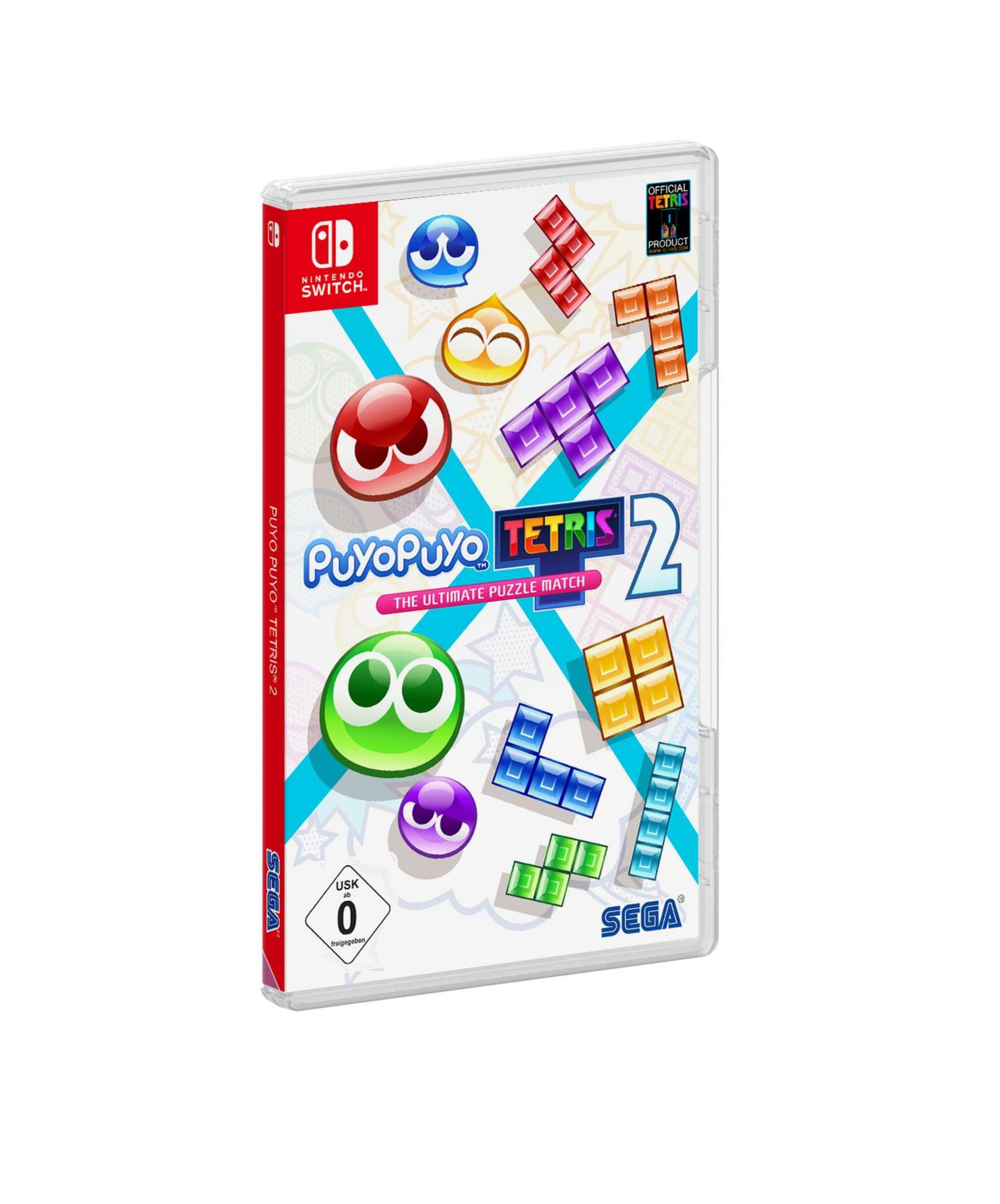 Puyo Puyo Tetris 2 Spielbox für Nintendo Switch. Bunte Charaktere und Tetris-Blöcke auf weißem Hintergrund.