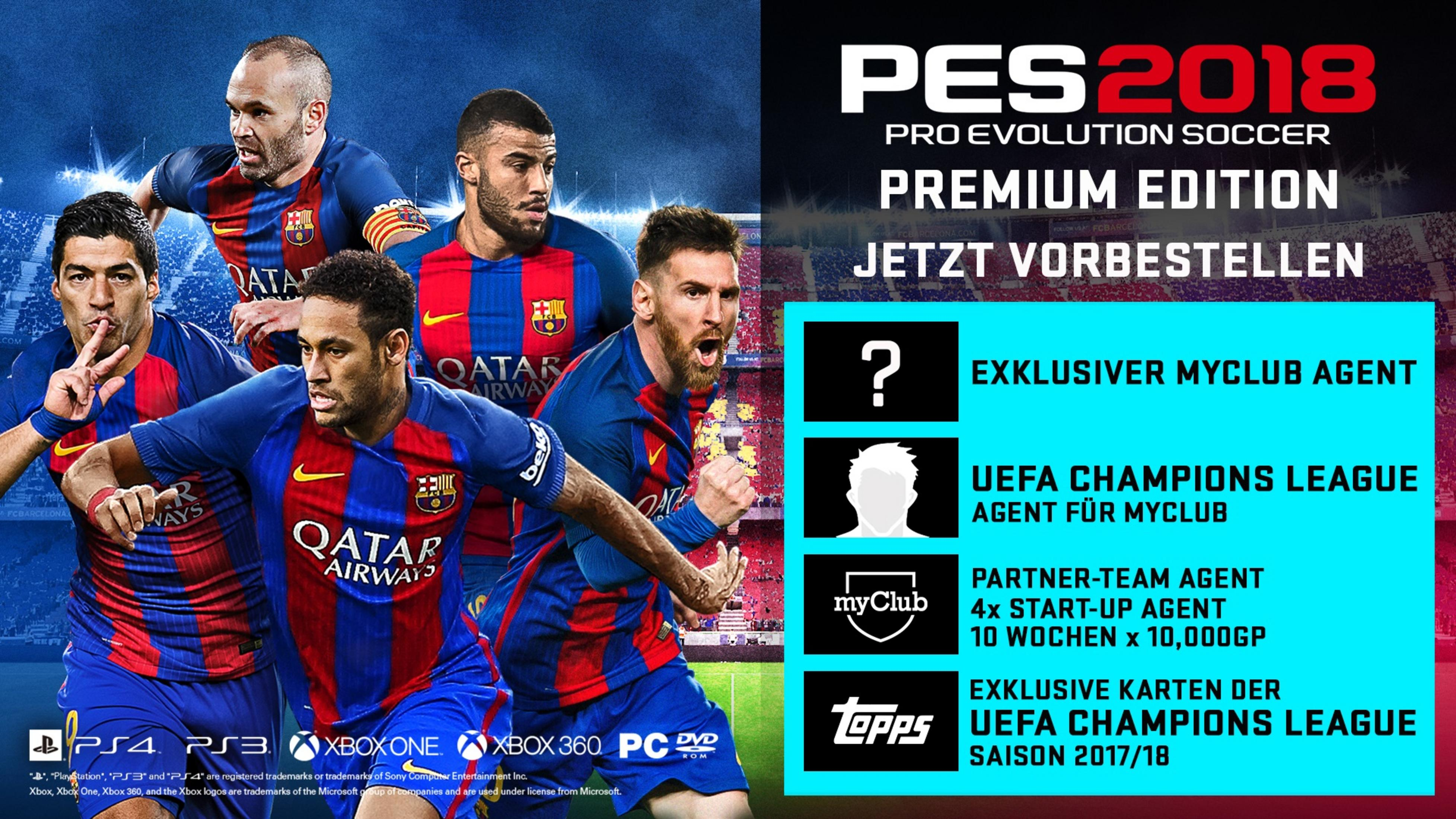 PES 2018 Spielwerbung mit Fußballspielern und Premium-Edition-Details.