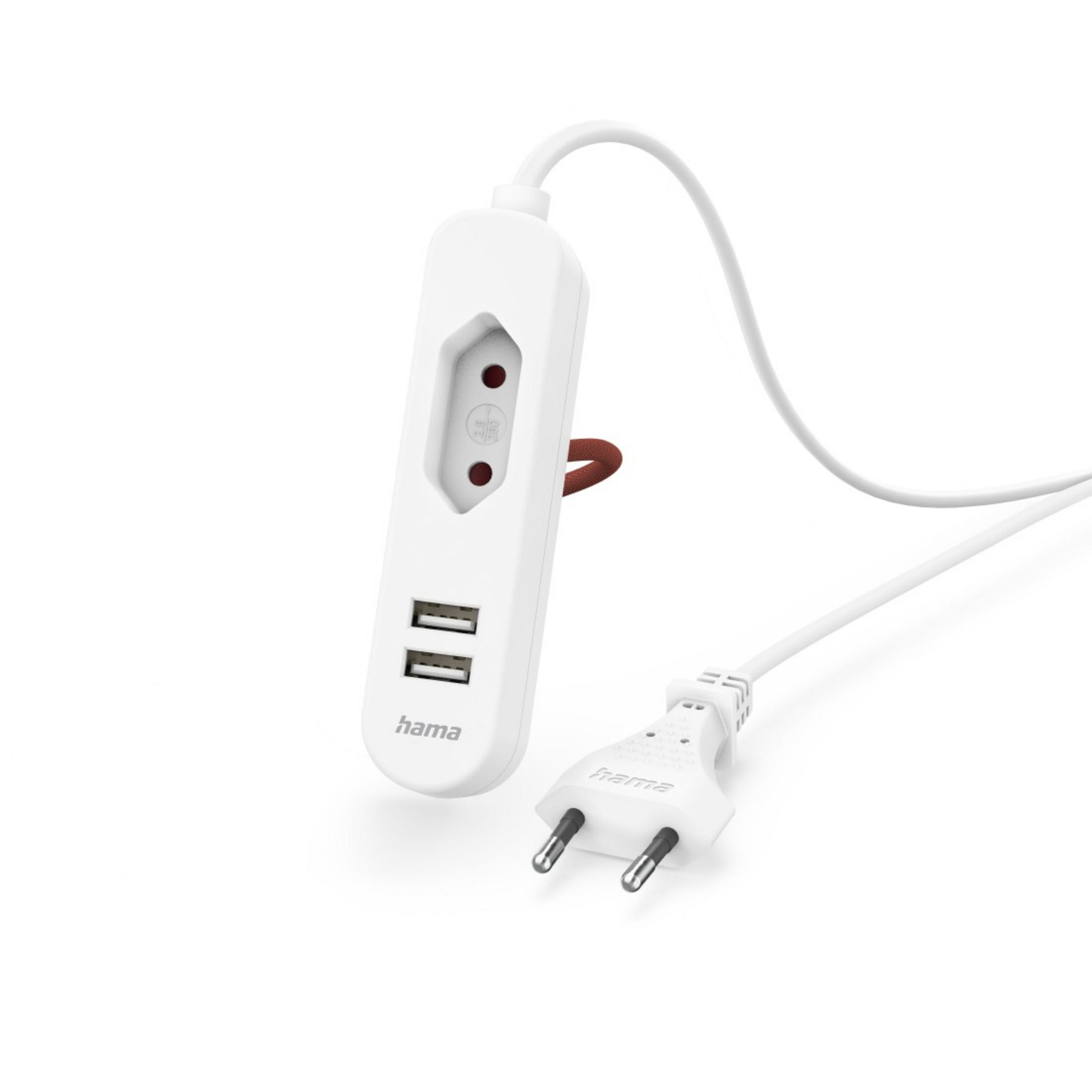 Weiße Steckdose mit zwei USB-Anschlüssen und einem zweipoligen Stecker.