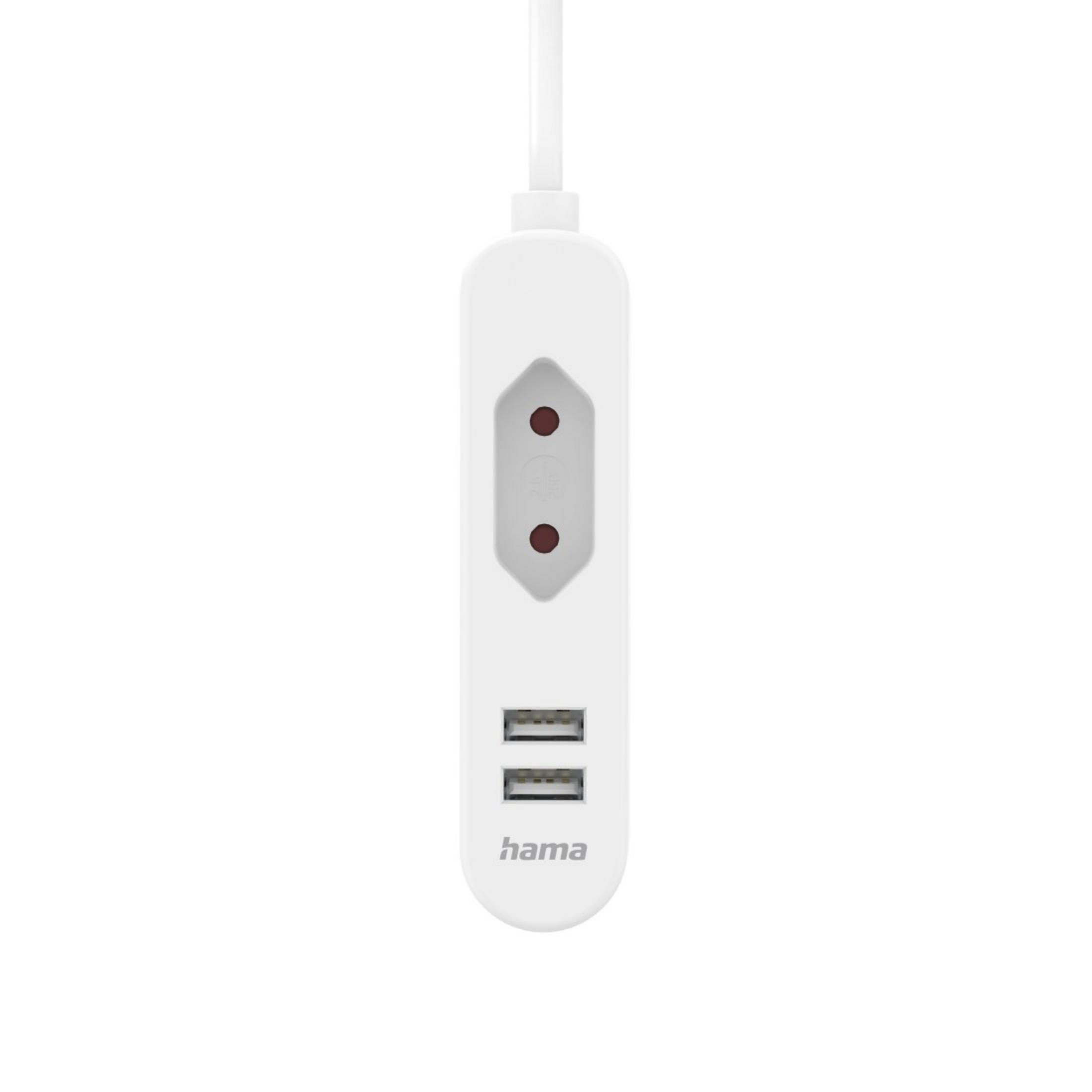 Weiße Steckdosenleiste mit einer Steckdose und zwei USB-Anschlüssen. Die Marke ist Hama.