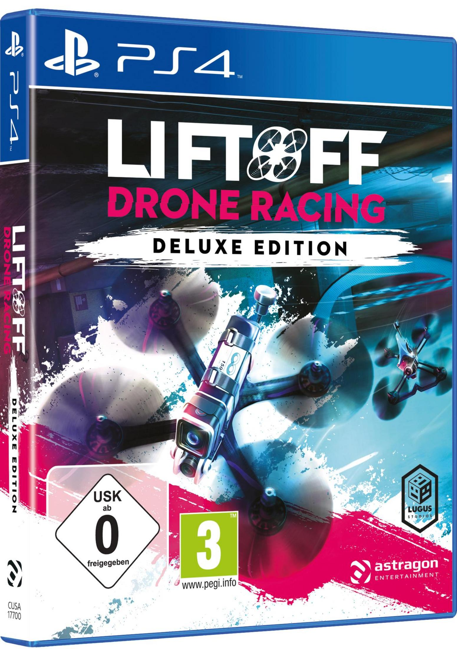 PS4-Spielcover: LiftOff Drone Racing. Eine Drohnen-Rennszene ist dargestellt.