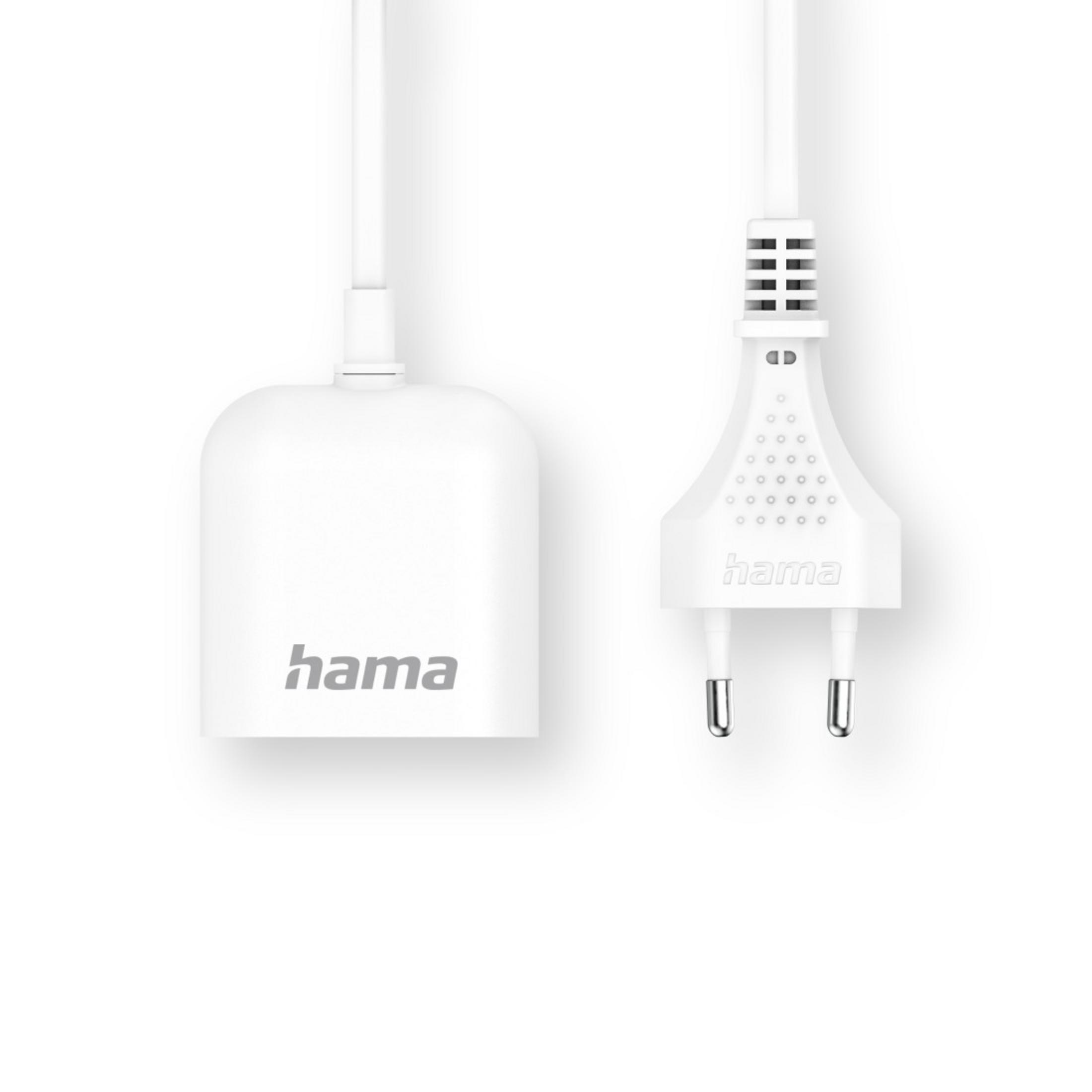 Weißer Hama-Netzadapter und -Stecker mit weißem Kabel. Der Stecker hat zwei Stifte.