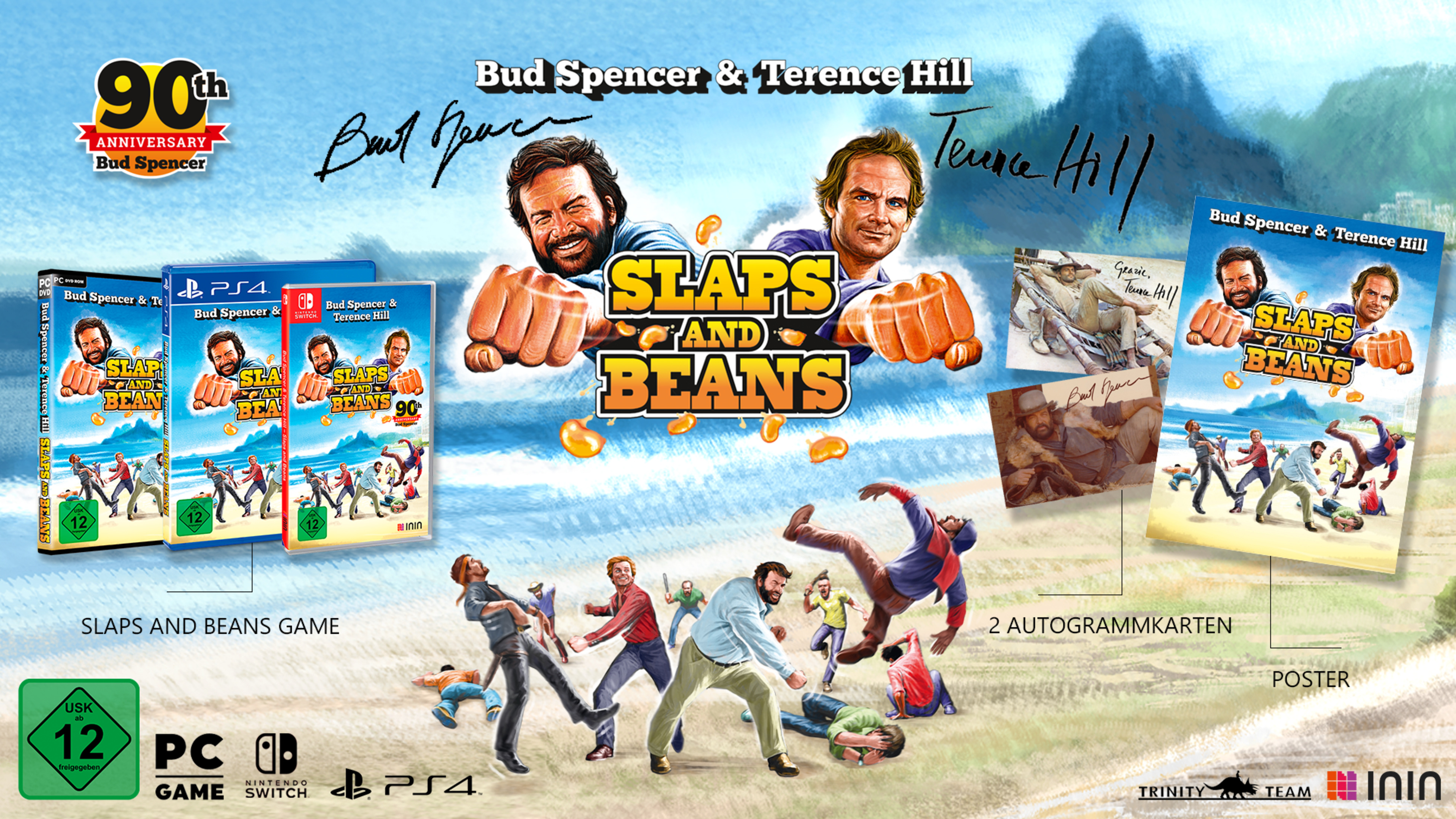 Spielbox-Art. Bud Spencer und Terence Hill mit Spielcharakteren und zusätzlichen Bildern. USK 12-Bewertung.