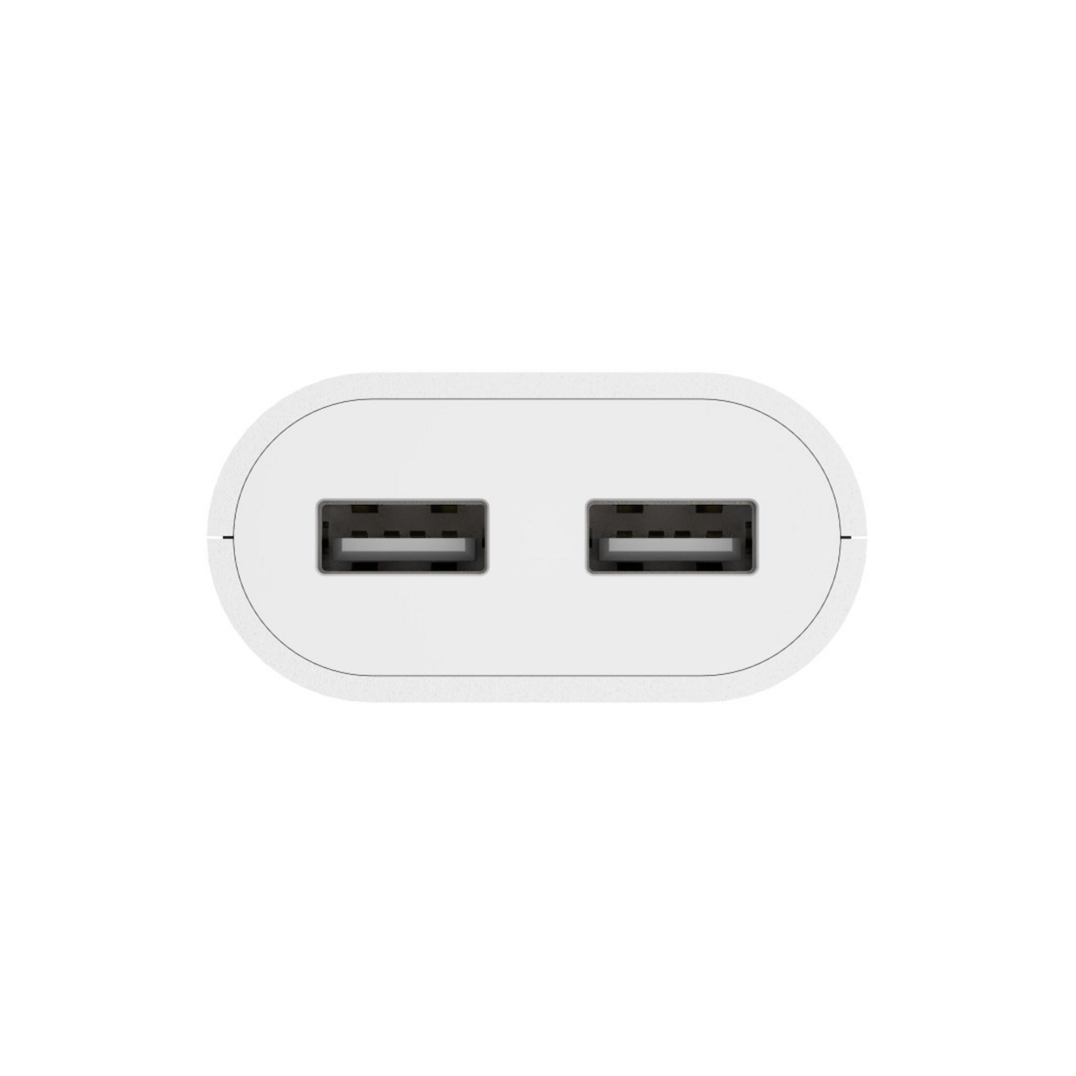 Ein weißes USB-Ladegerät mit zwei USB-Anschlüssen oben.