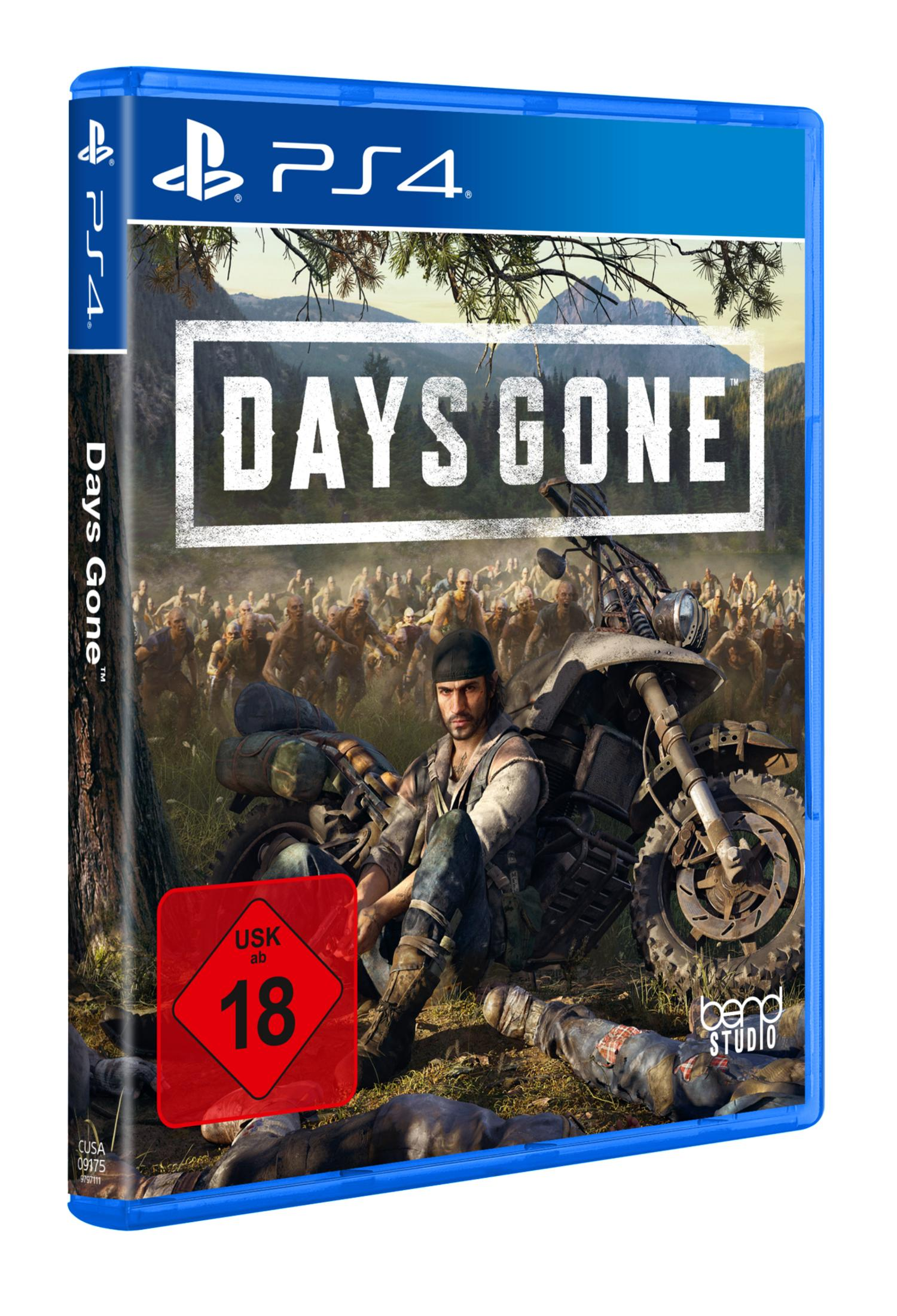 Copertina di Days Gone per PS4. Uomo in moto circondato da zombi. Verde e blu.