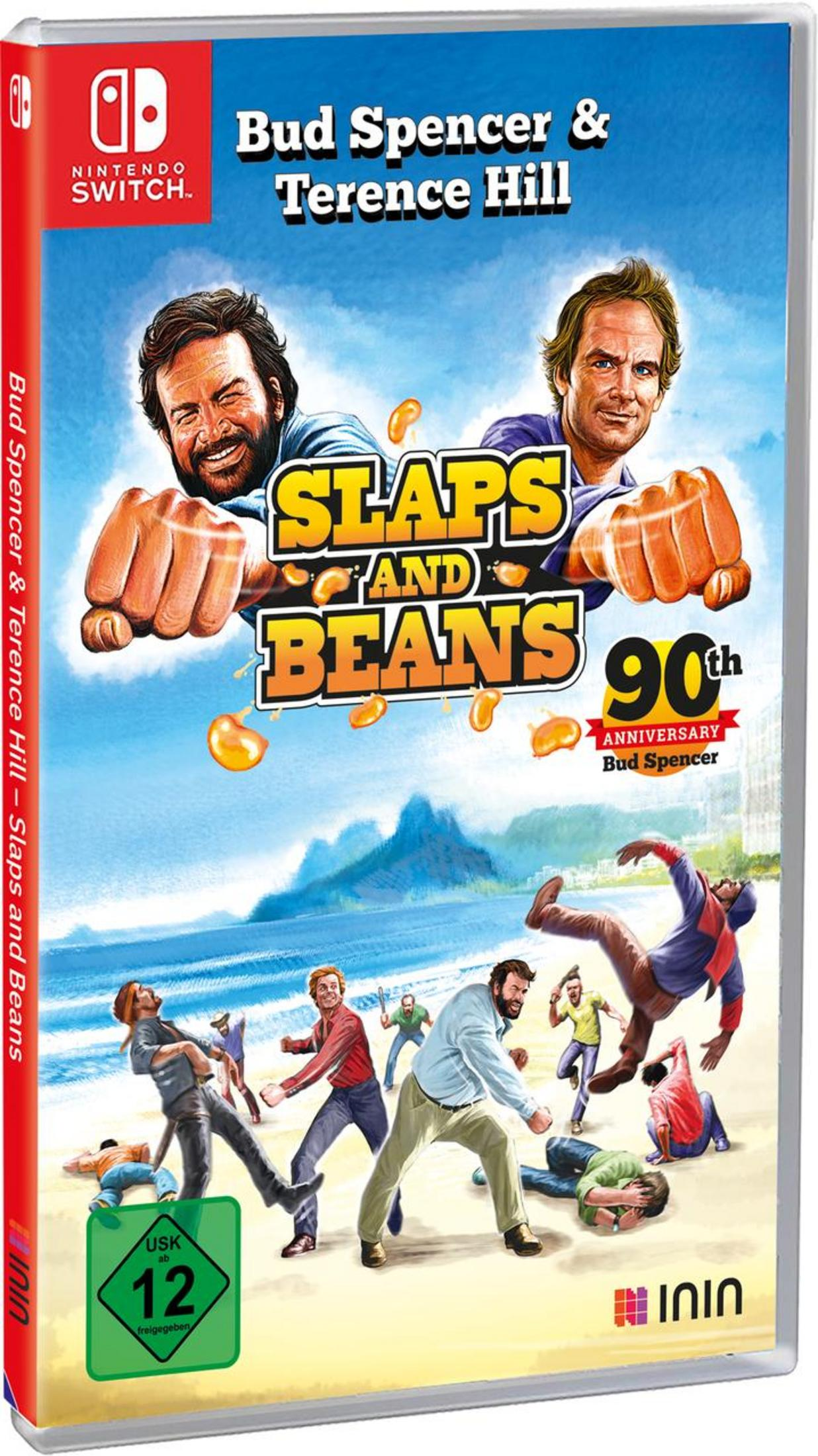 Nintendo Switch-Spielbox mit Bud Spencer & Terence Hill, kämpfende Figuren, Strandszene, bunt, weißer Hintergrund.