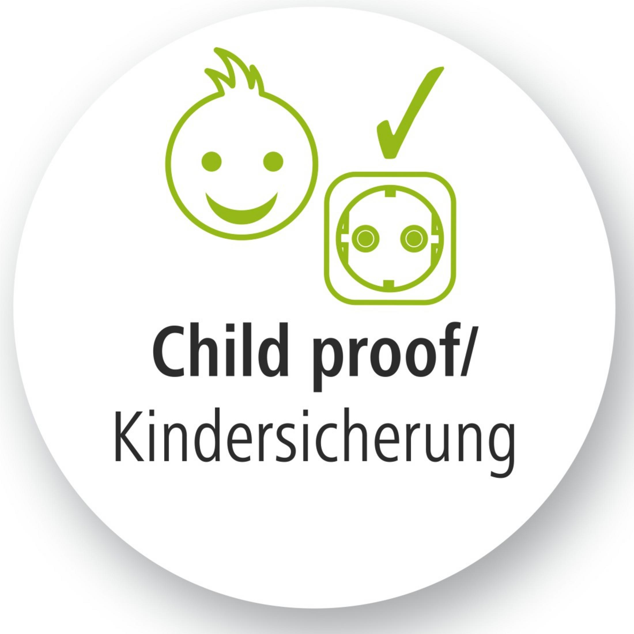 Weißer Kreis mit Babygesicht und Stecker-Symbol, Hinweis auf 'Kindersicherung'.