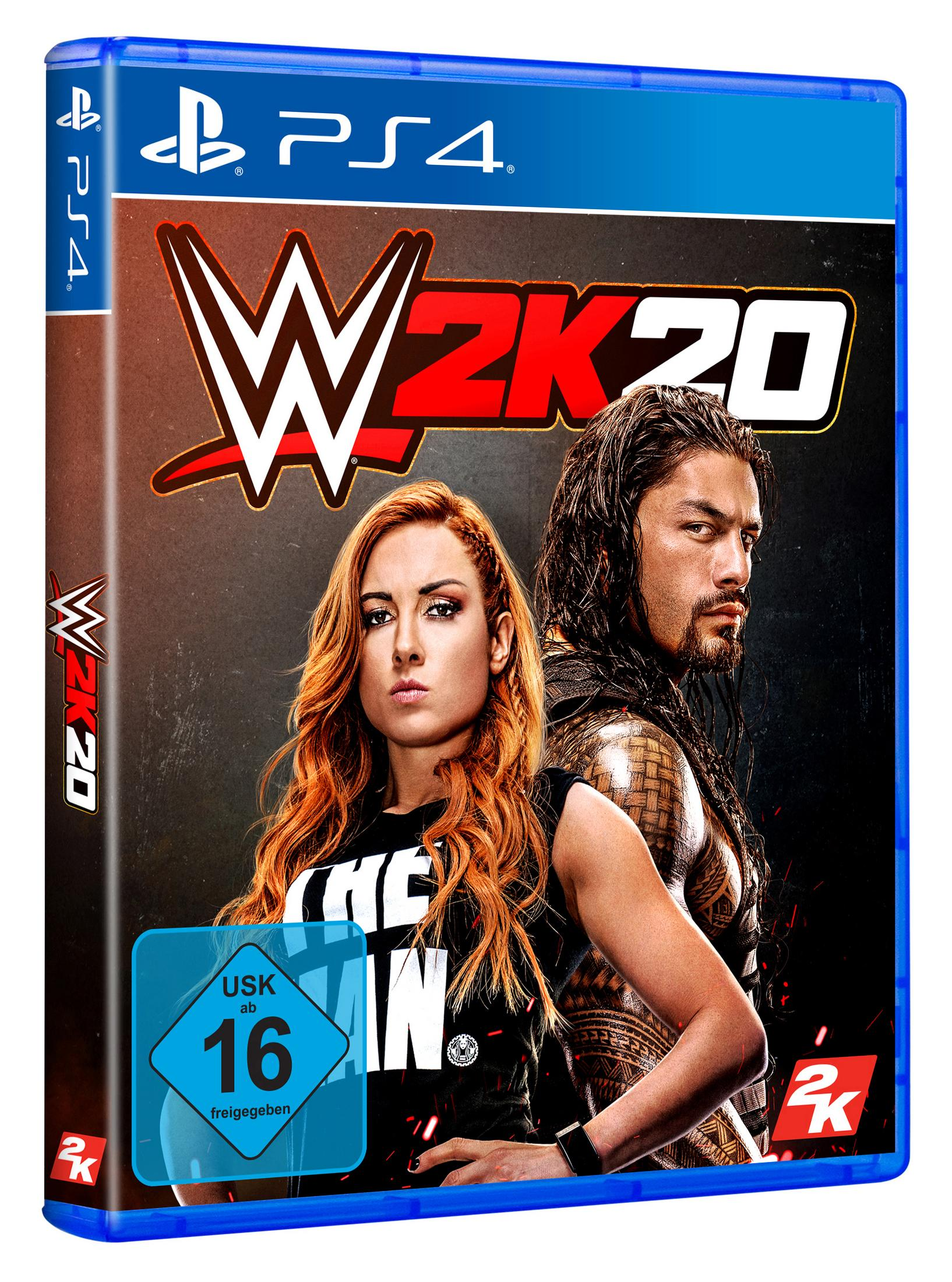 WWE 2K20 Spielbox. Wrestler sind auf dem Cover abgebildet, der Spieletitel ist prominent.