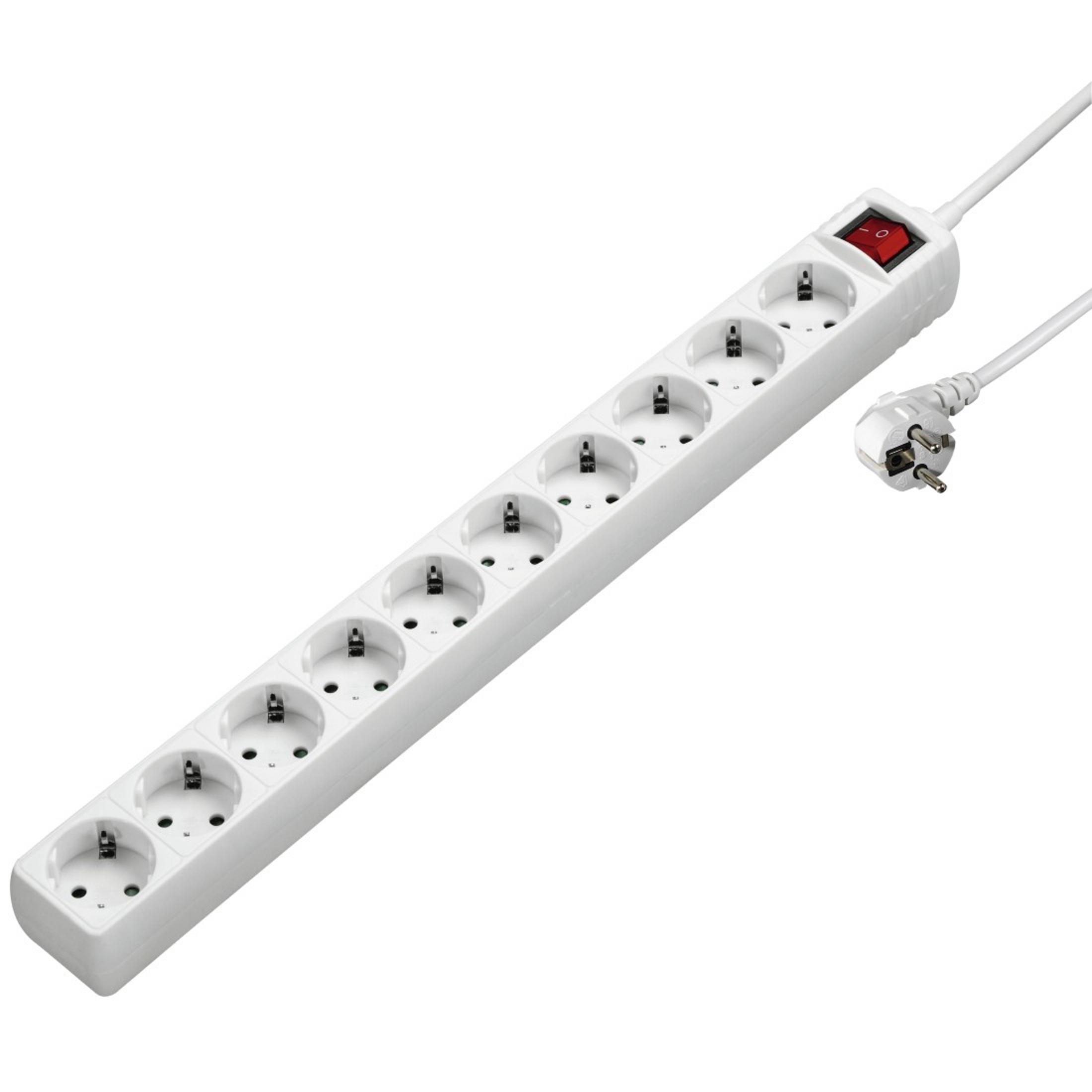 Weißer Mehrfachstecker mit mehreren Steckdosen und rotem Ein/Aus-Schalter.