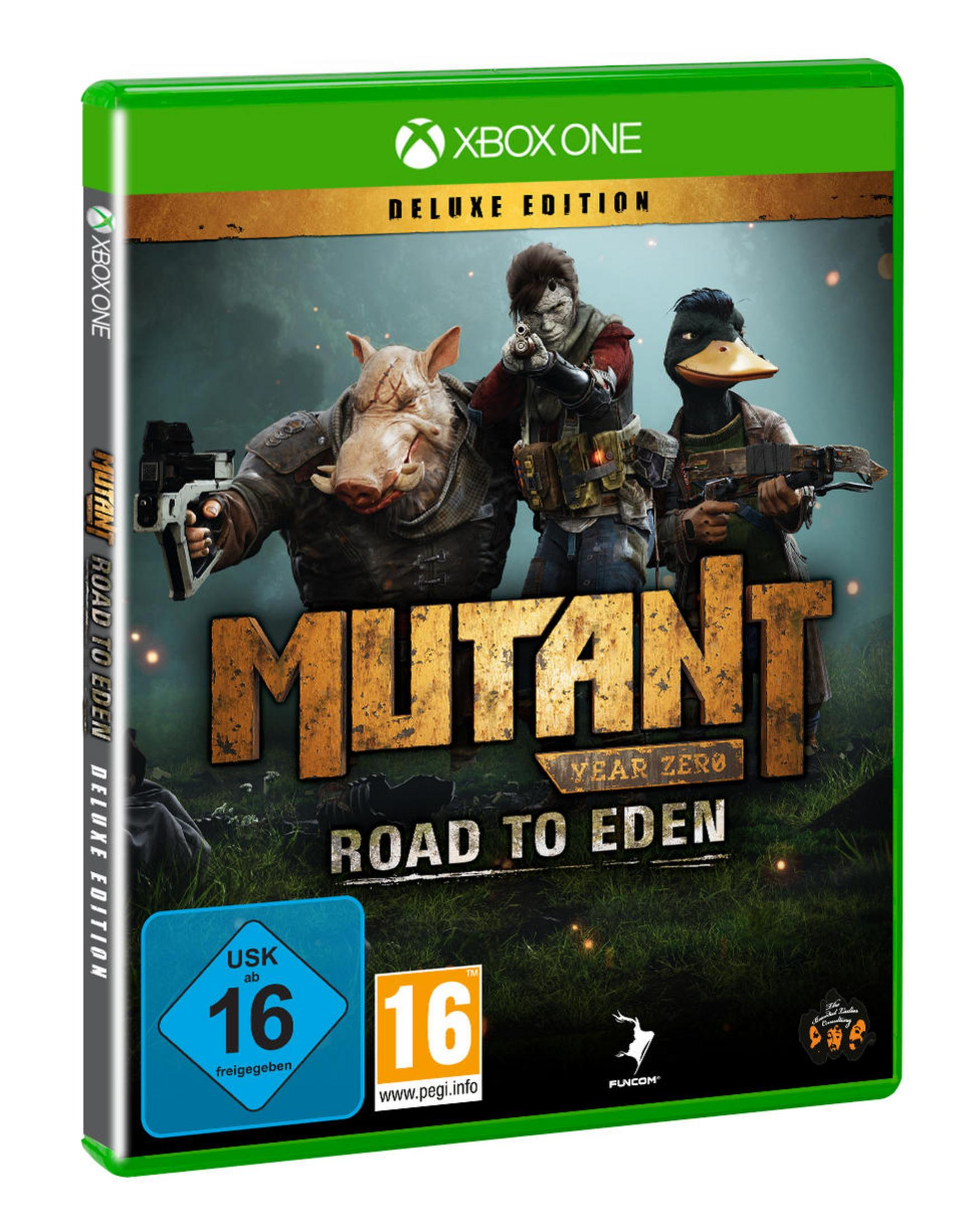 Mutant Year Zero: Road to Eden Deluxe Edition Spielbox mit Mutant-Charakteren.