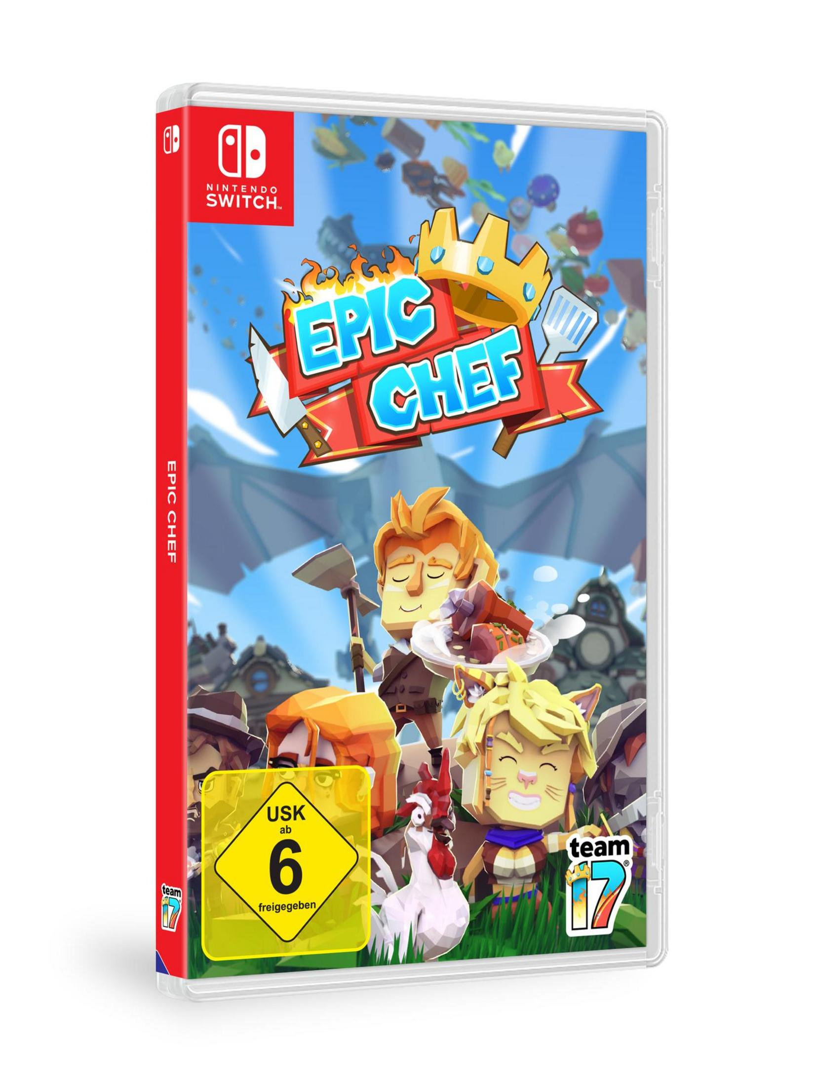 Nintendo Switch-Spielhülle für Epic Chef. Mit cartoonartigen Charakteren und einem Hahn auf dem Cover.