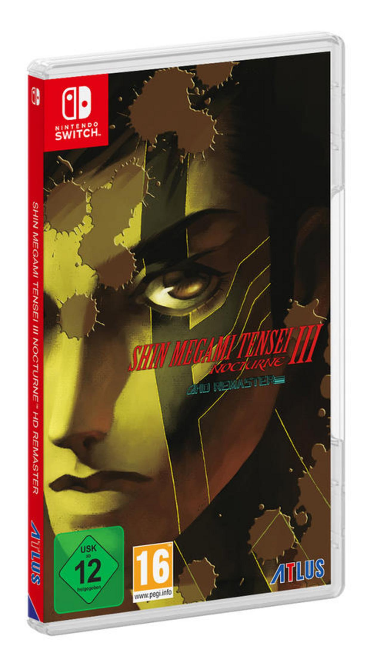 Shin Megami Tensei III-Spielbox. Gesicht eines Mannes auf dem Cover. Nintendo Switch-Logo oben links.