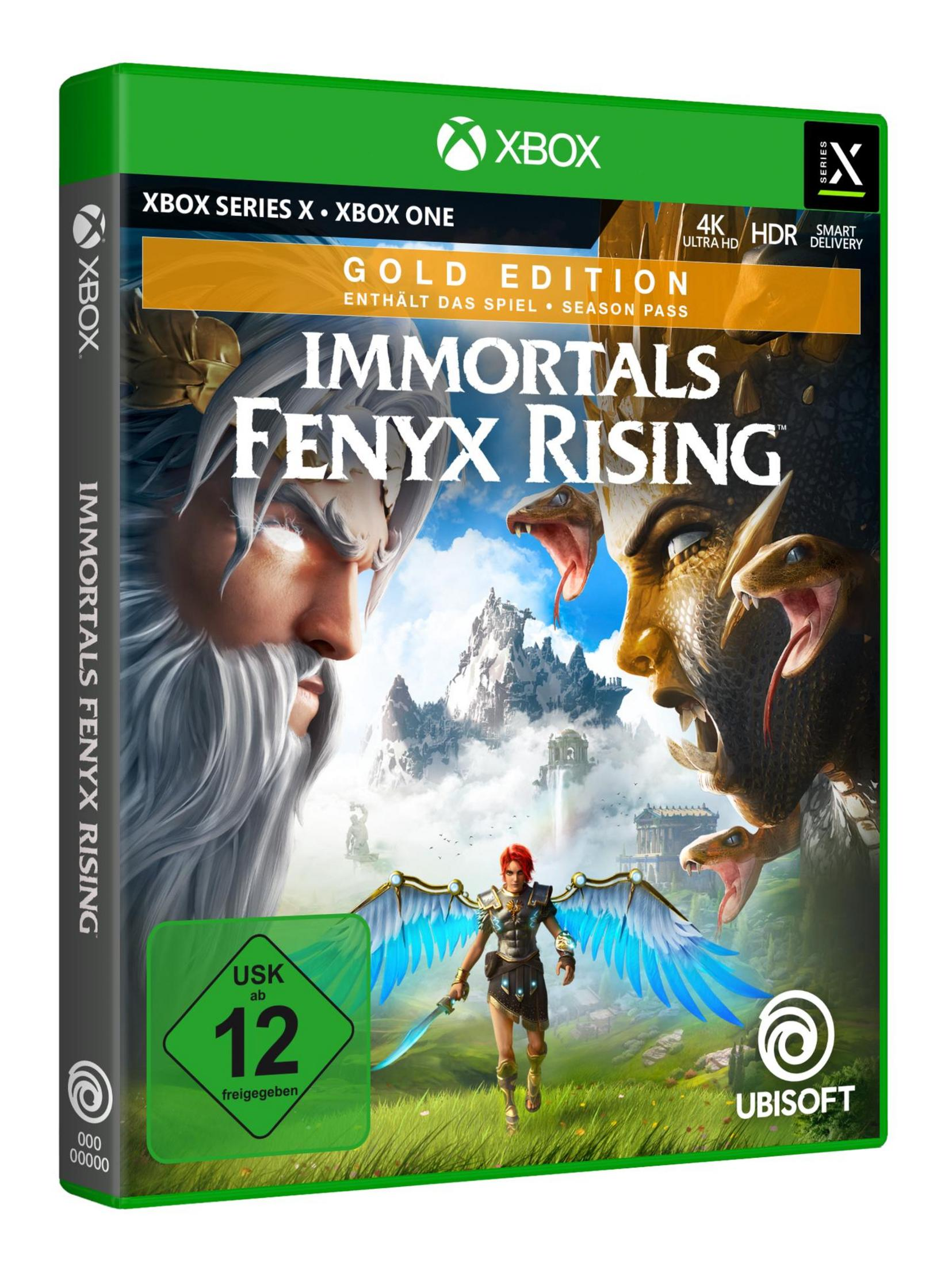 Xbox Series X/One-Spielhülle: Immortals Fenyx Rising. Charaktere auf dem Cover. Blau und Gold. Weißer Hintergrund.
