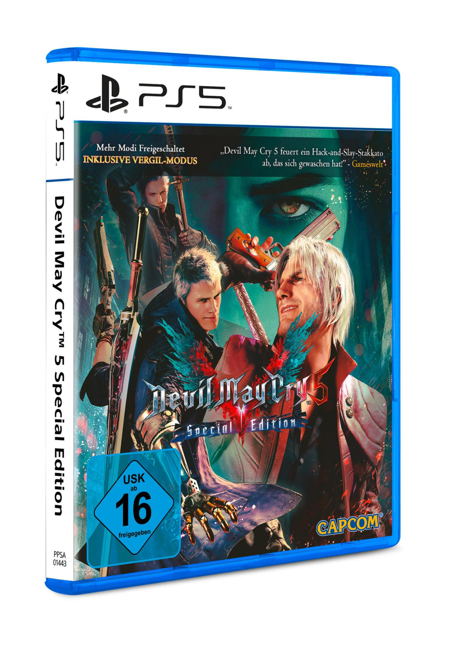 Grafika pudełka z grą Devil May Cry 5: Special Edition na PS5 z postaciami i niebieskim tłem.