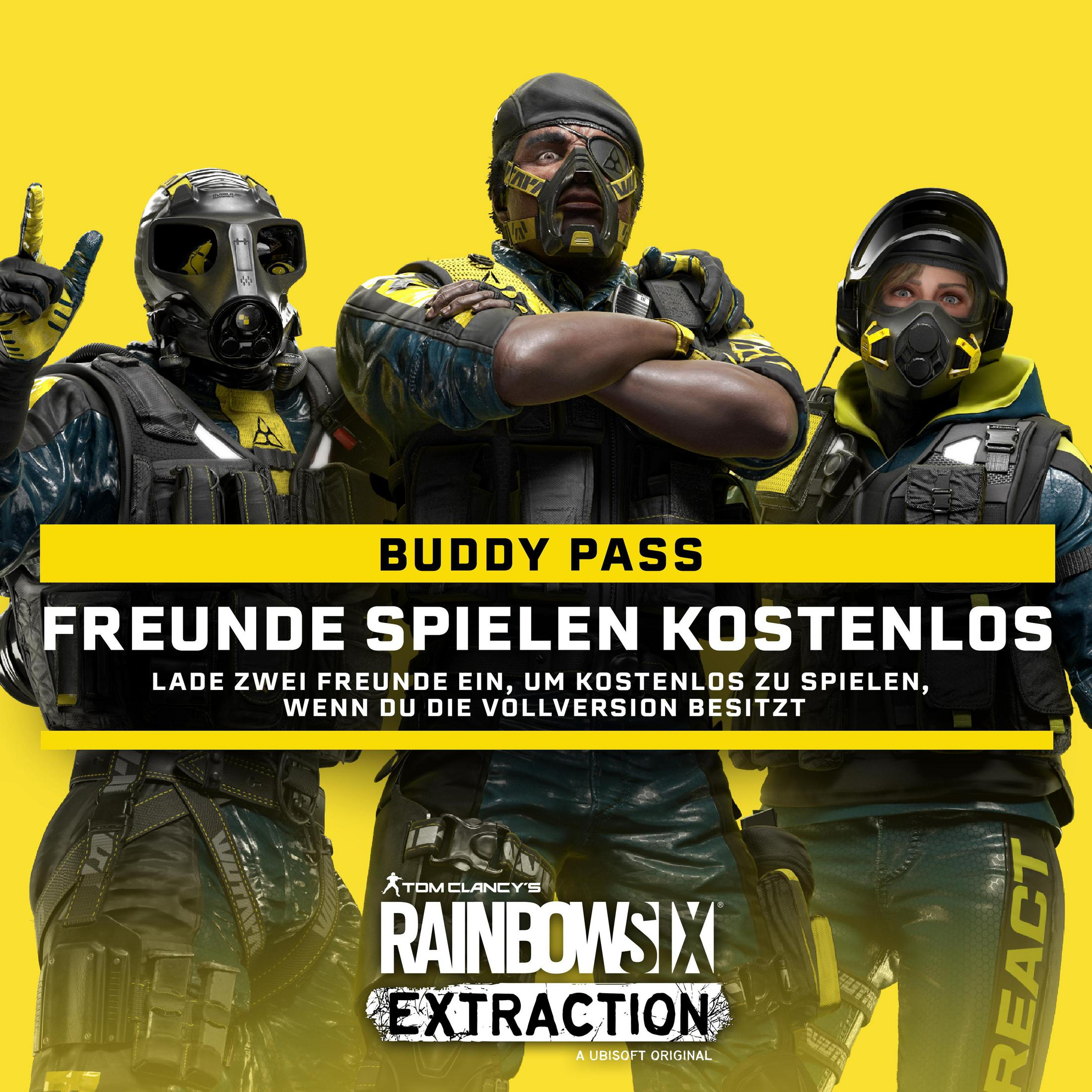 Tom Clancy's Rainbow Six Extraction Spielcover mit drei Charakteren auf Gelb.