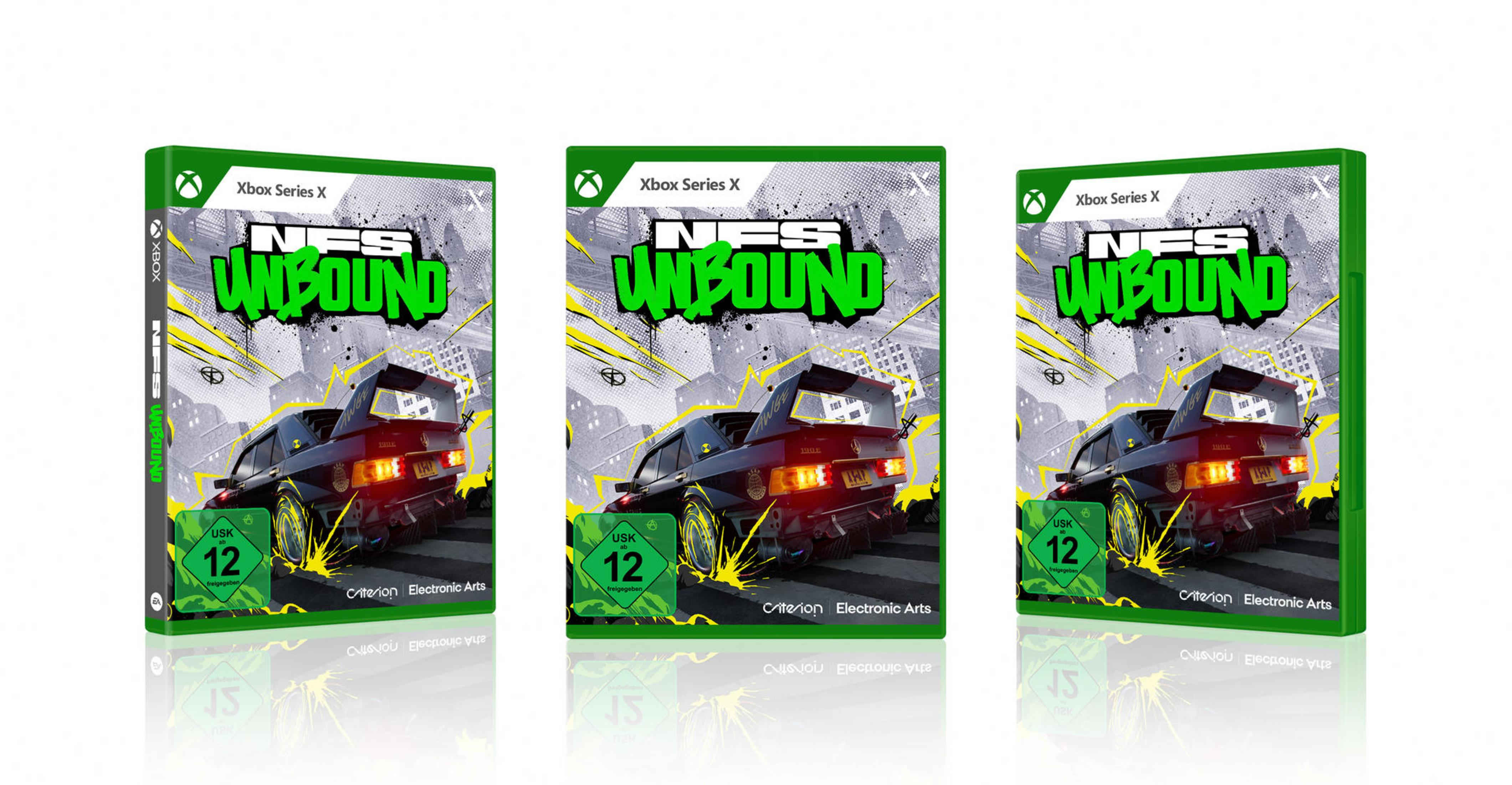 Drei Need for Speed Unbound-Spielboxen auf Weiß. Die Spielboxen sind grün und schwarz mit einem Bild eines Autos.