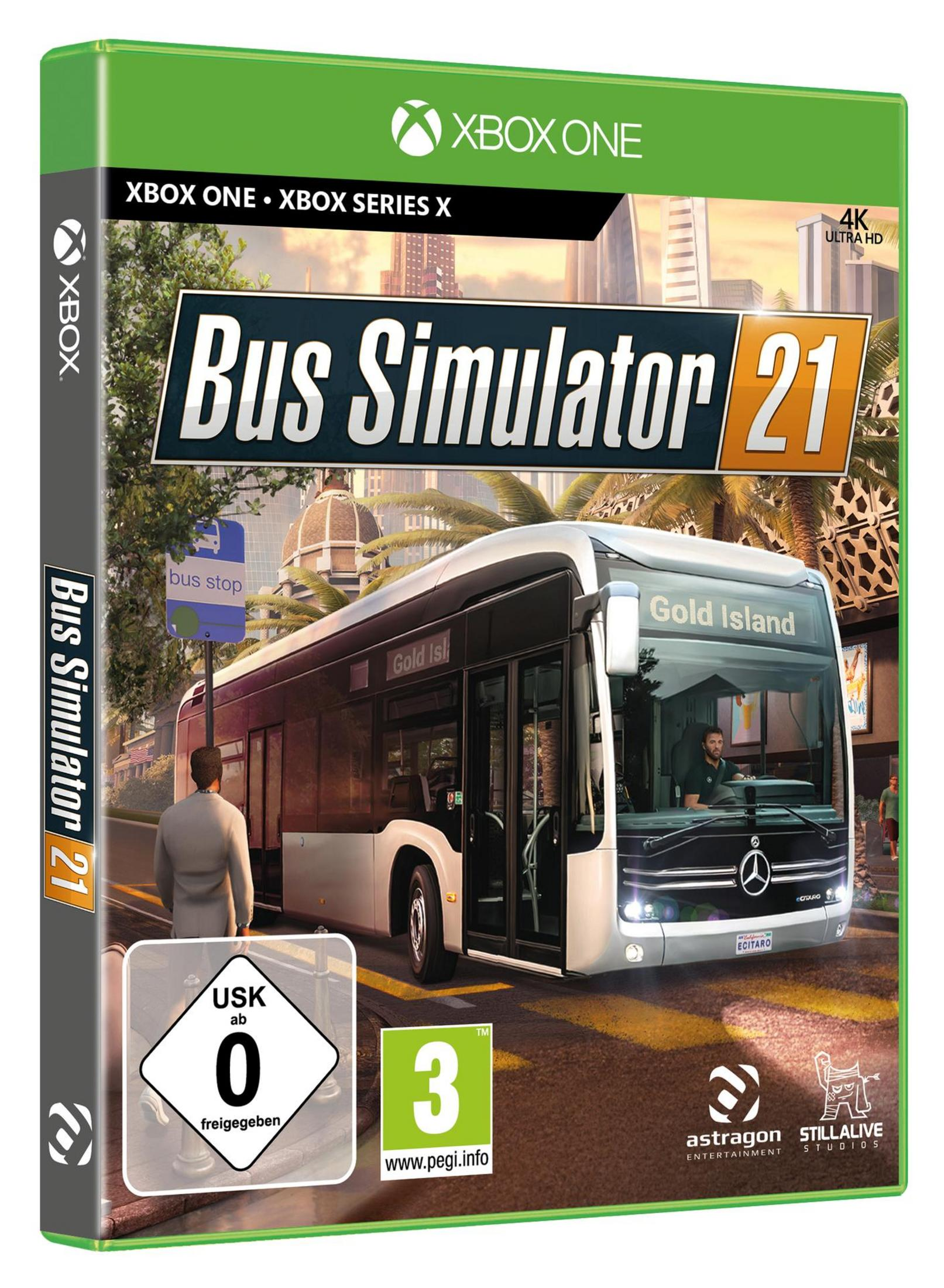 Spielcover für Bus Simulator 21. Zeigt einen Bus auf einer Stadtstraße. Grün und Weiß.