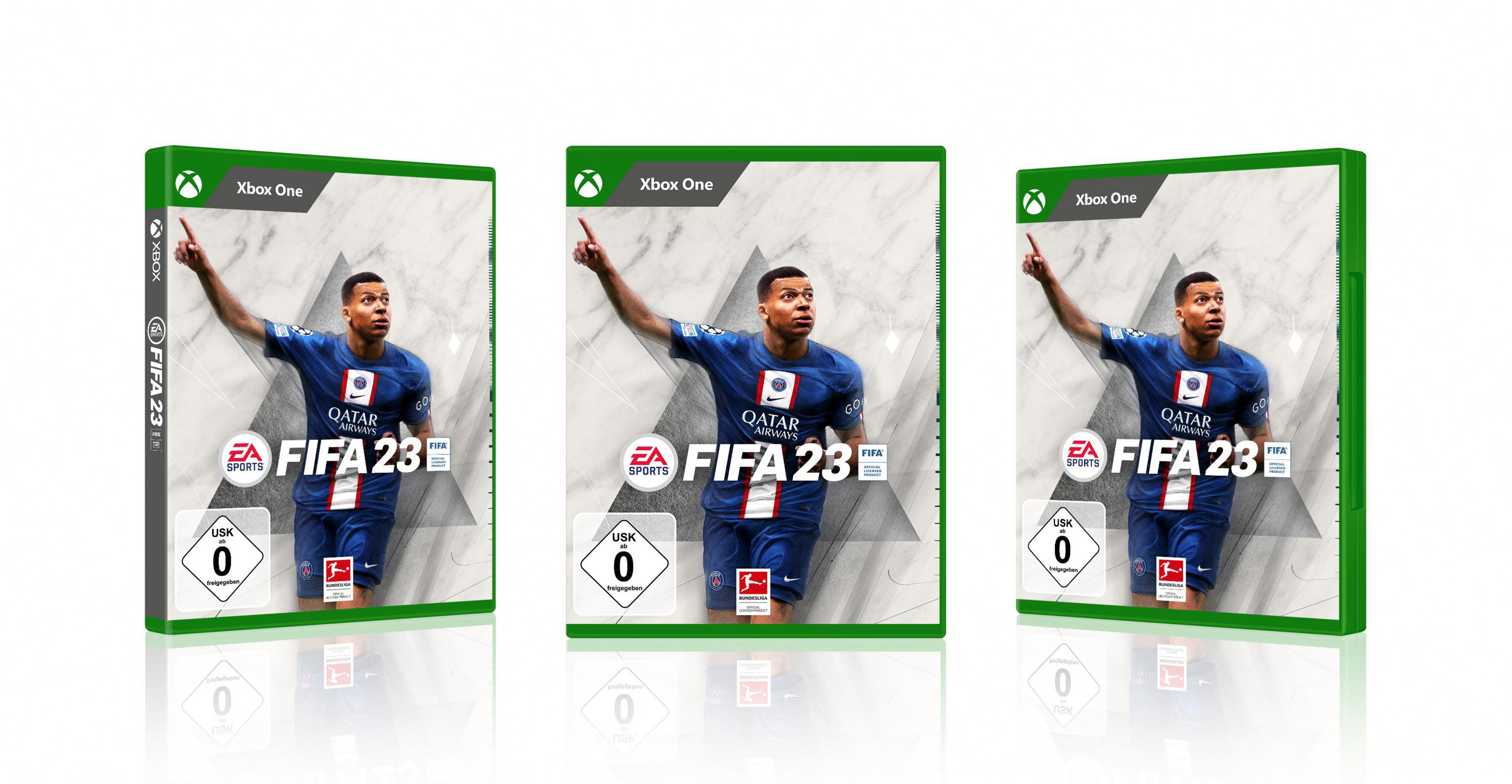 Drei FIFA 23-Spielboxen, je mit grünem Hintergrund, Xbox One-Logo und einem Spieler auf dem Cover.