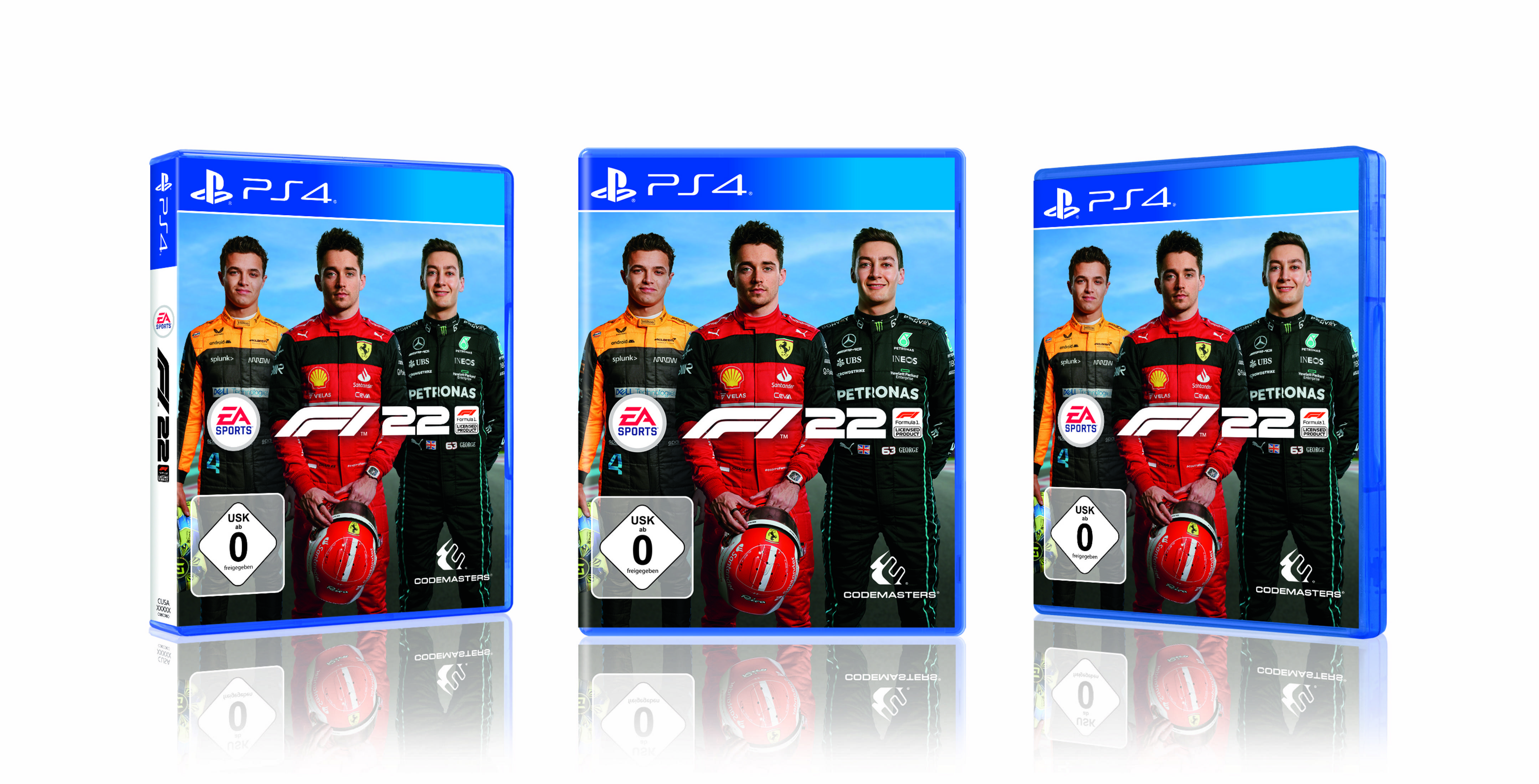 Drei F1 22 Spielboxen mit Fahrern und Autos, blaue PS4-Hülle.