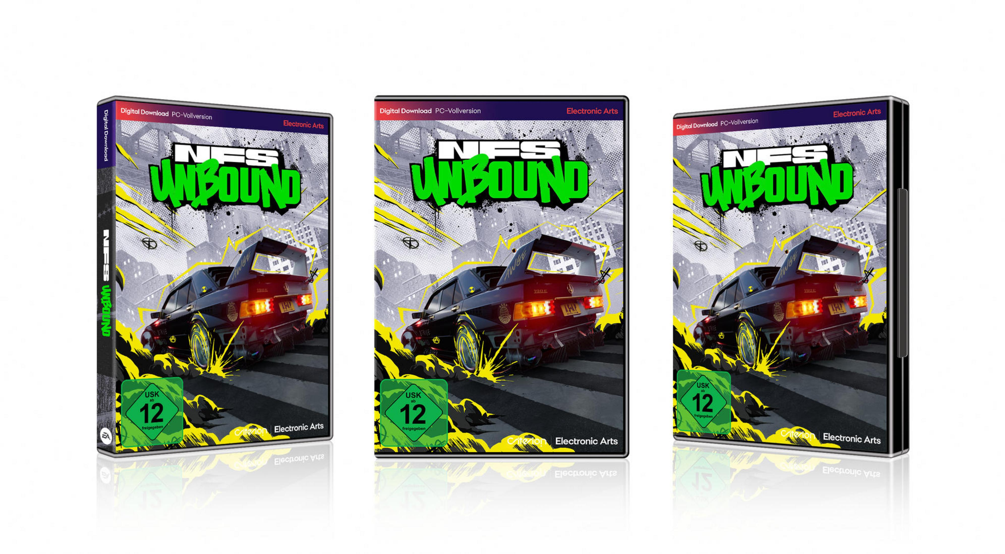 Drei NFS Unbound Spielboxen, die jeweils ein Auto zeigen.