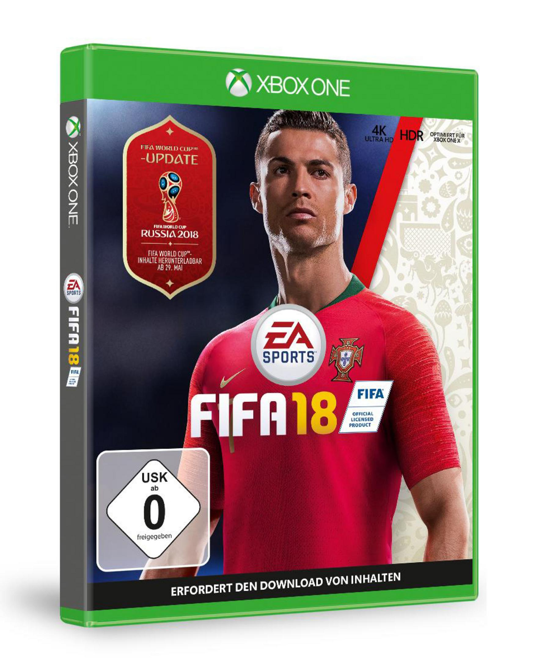 FIFA 18 Spielbox mit Cristiano Ronaldo auf dem Cover, grünes Gehäuse.