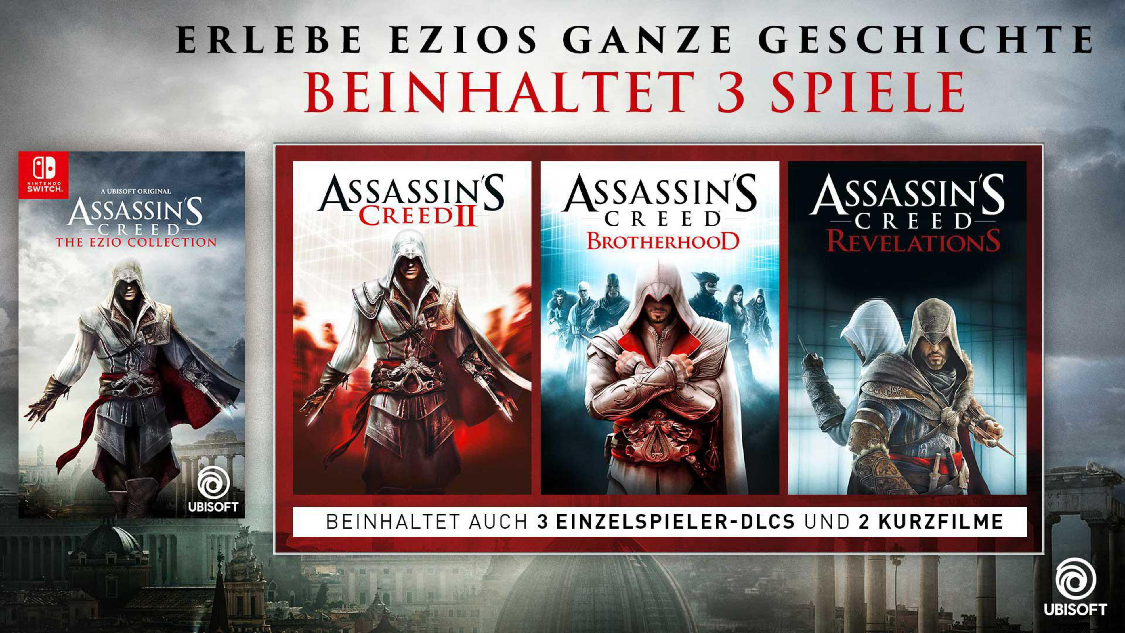 Spielbox-Art zeigt drei Assassin's Creed-Spiele. Es steht 'Erlebe Ezios Ganze Geschichte' auf Deutsch.