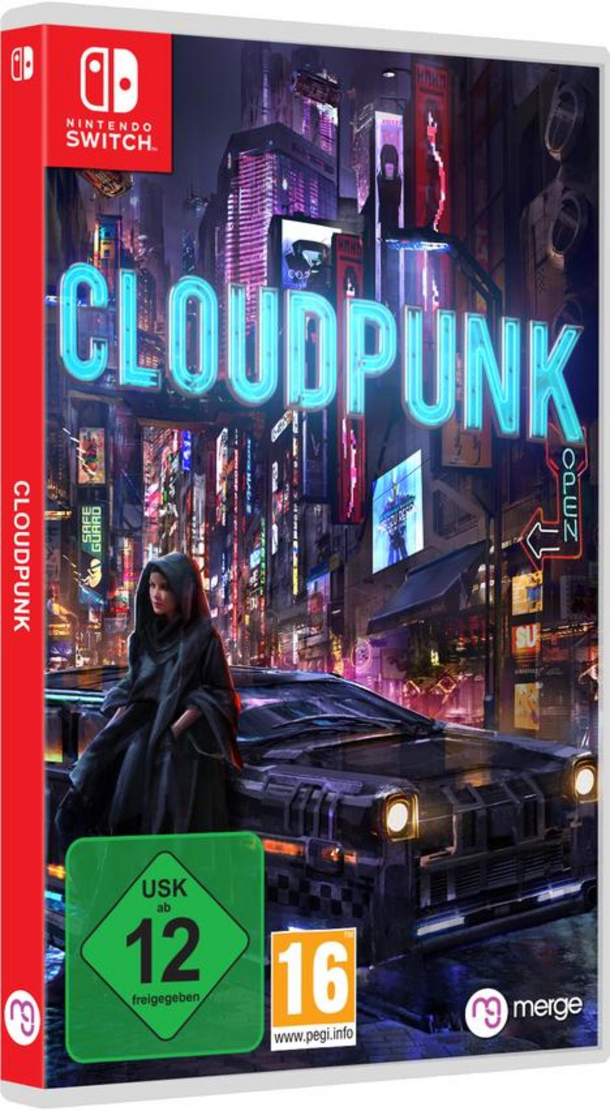 Spielbox-Art zeigt eine Frau in einem dunklen Mantel in einer futuristischen Stadt. Das Spiel ist Cloudpunk.