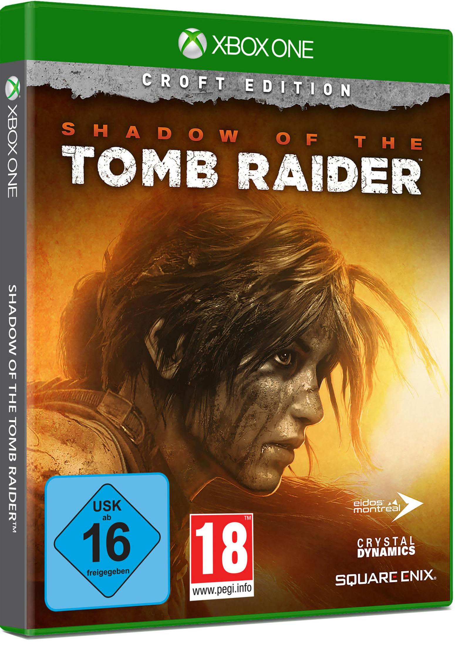Xbox One Spielbox für Shadow of the Tomb Raider. Zeigt ein Frauengesicht auf dem Cover.