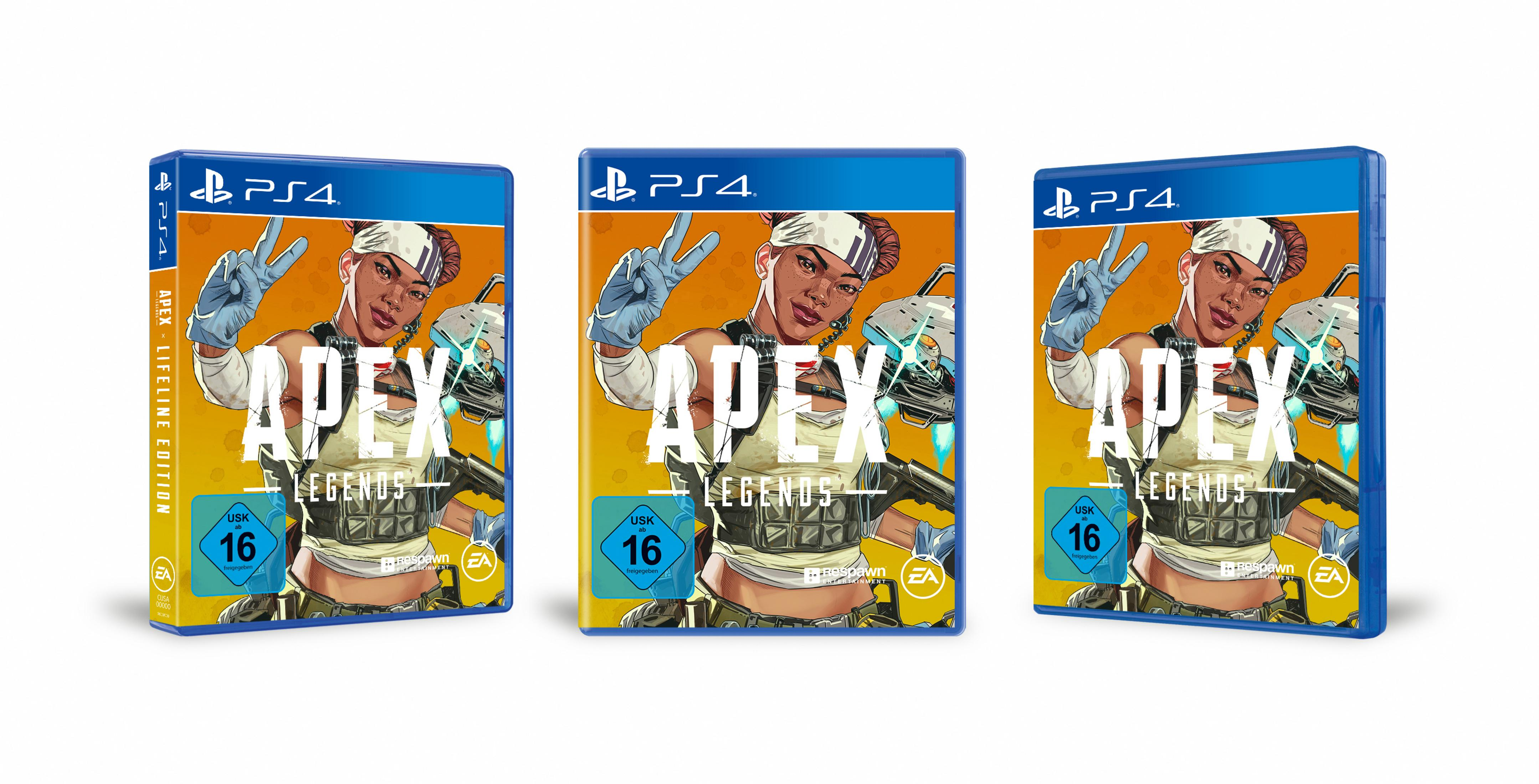Drei Spielhüllen. Apex Legends-Titel ist sichtbar. Eine Frau ist vorne.