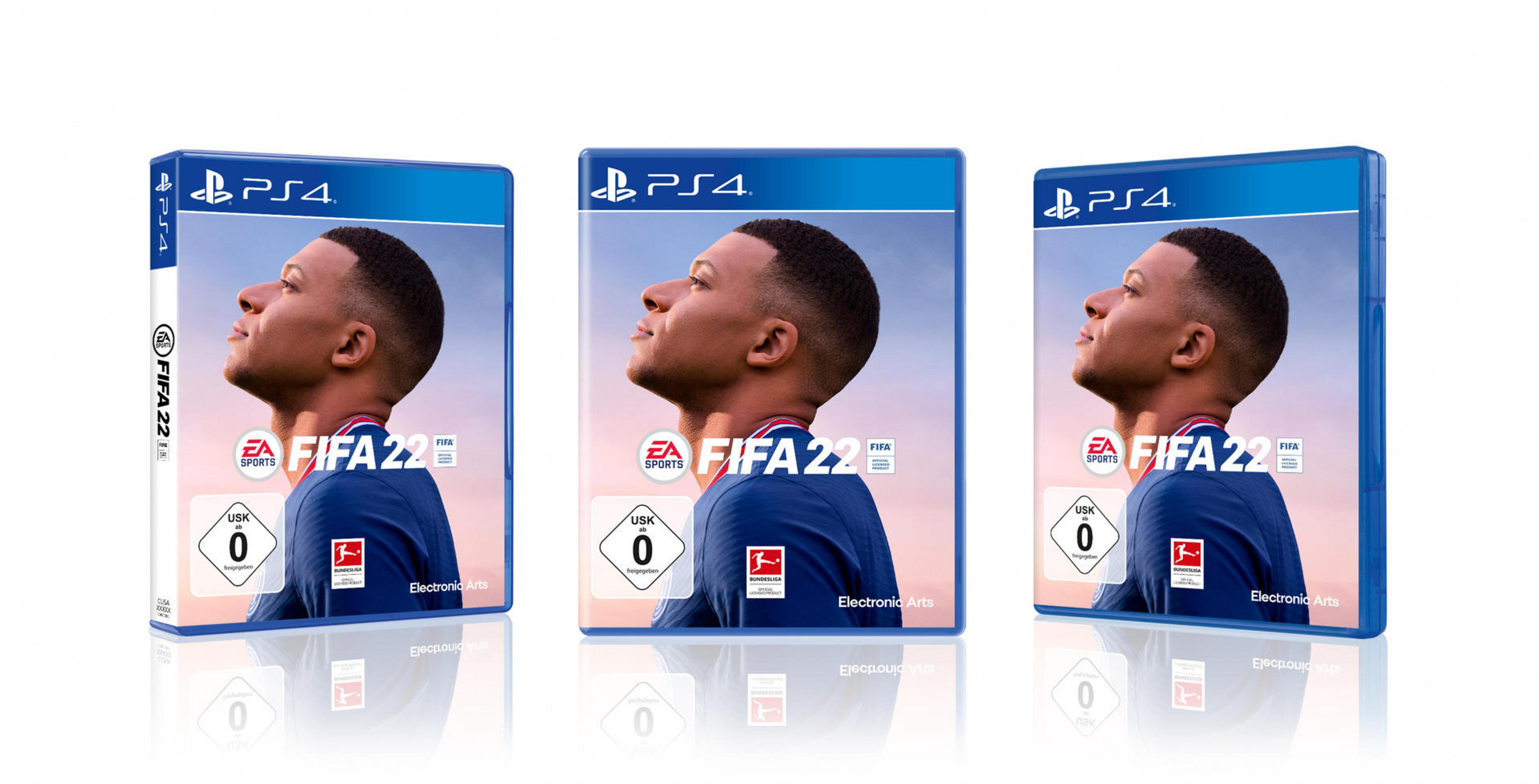 Drei FIFA 22 PS4-Spielhüllen mit Kylian Mbappé auf dem Cover.