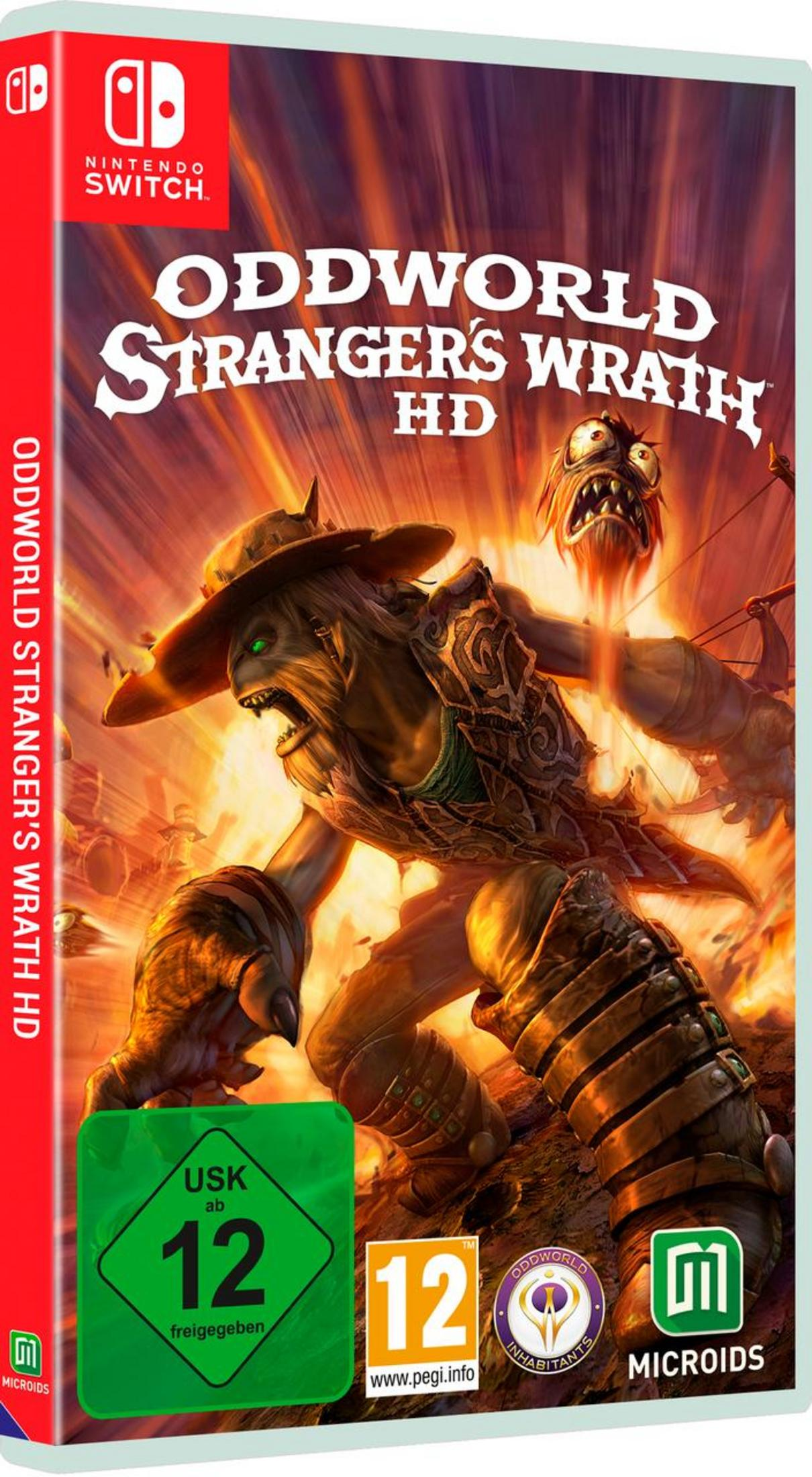 Oddworld: Stranger's Wrath HD Spielbox, mit Kreatur und feurigem Hintergrund.