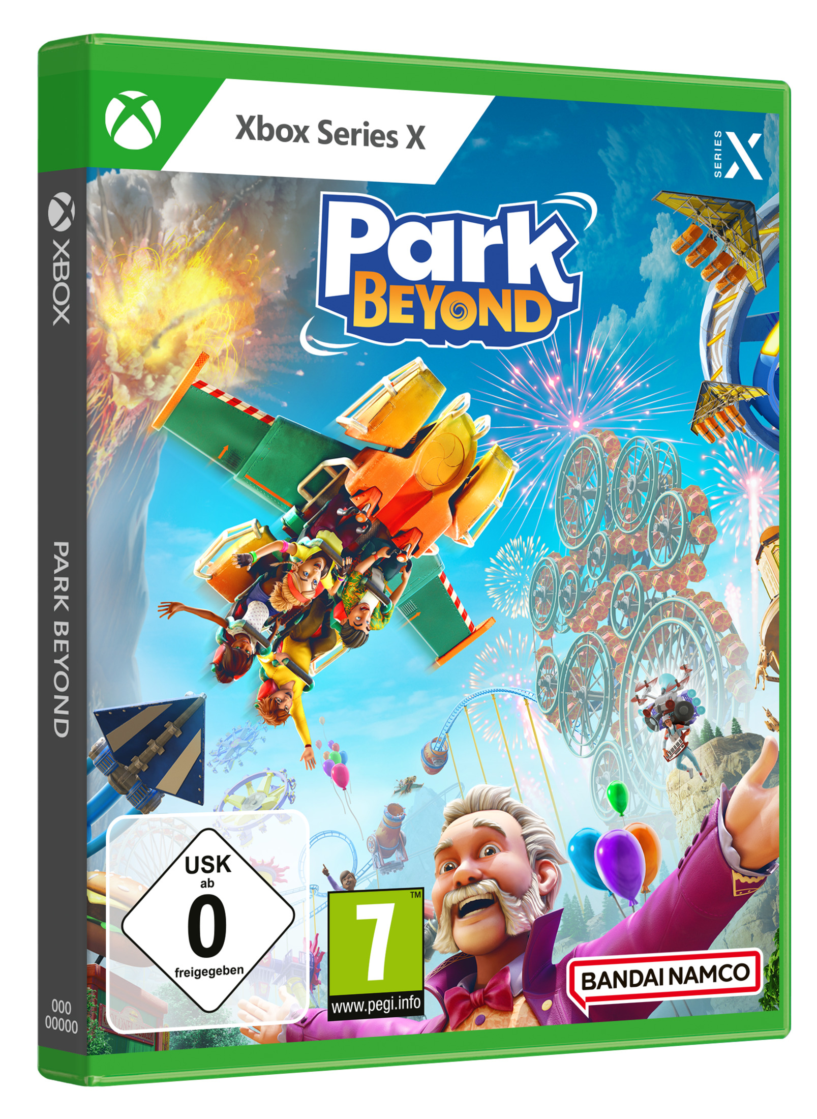 Die Box des Xbox Series X-Spiels Park Beyond mit einer Achterbahn und Menschen darauf.