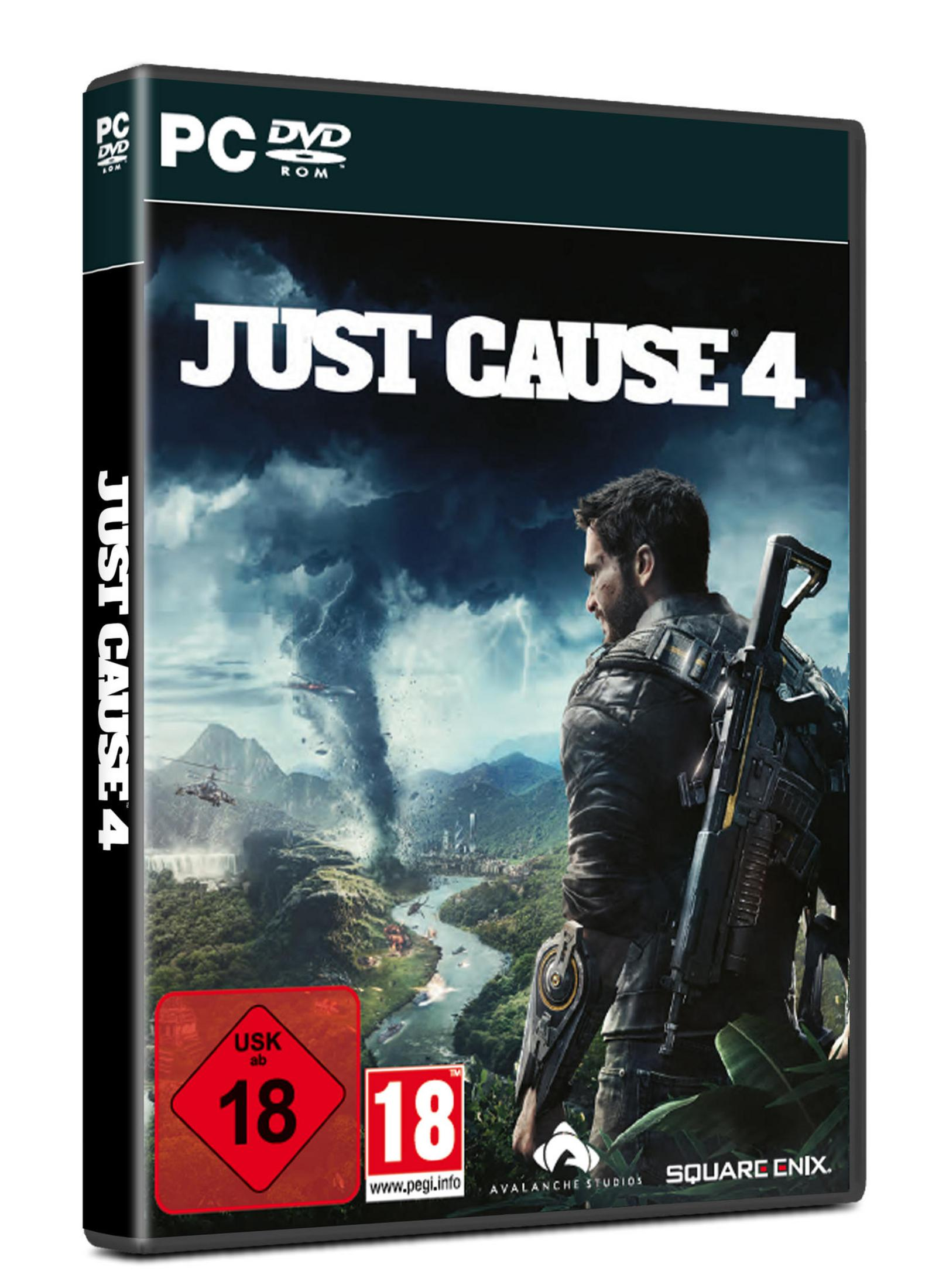 Okładka gry Just Cause 4 z mężczyzną i bronią w obliczu burzy i dżungli.