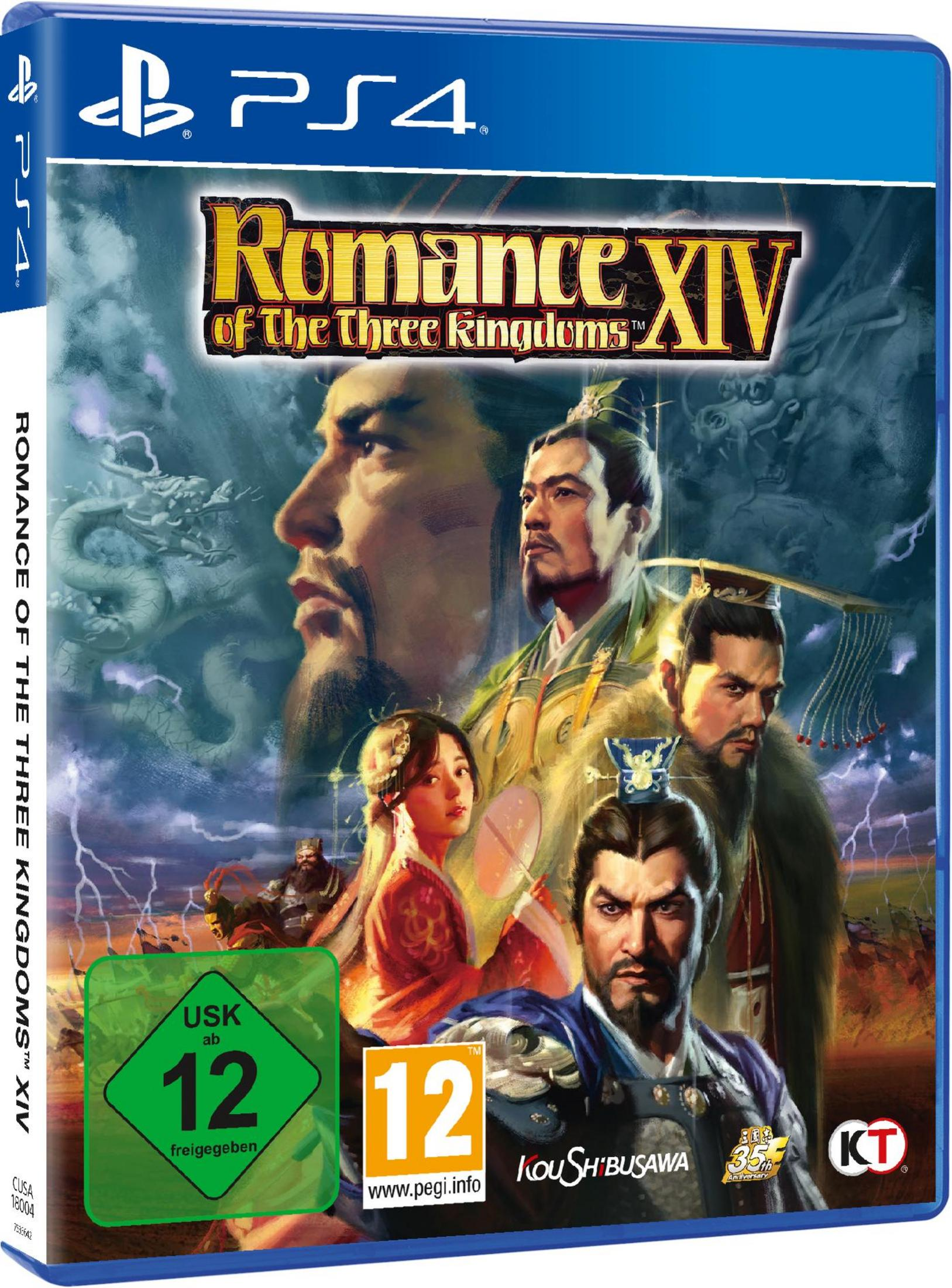 PS4-Spielcover, Romance of the Three Kingdoms XIV, mit Charakterporträts und einem stürmischen Hintergrund.
