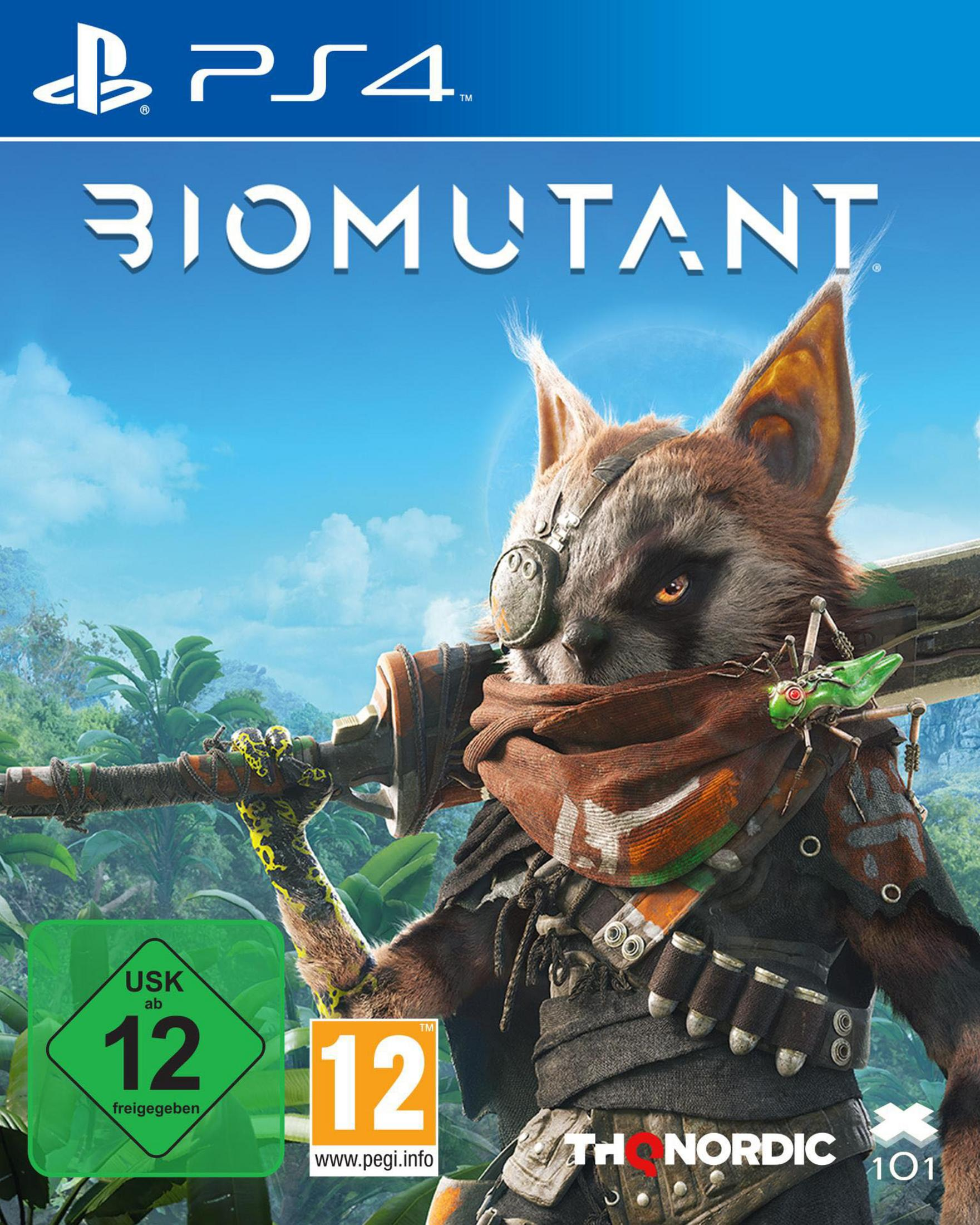 Scatola del gioco Biomutant PS4. Creatura simile a un procione con un'arma. Sfondo cielo.