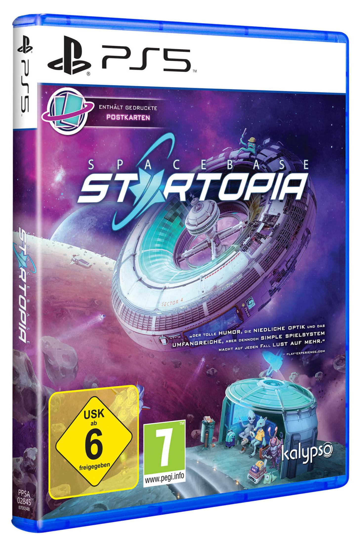 Spacebase Startopia PS5-Spielhülle mit Raumschiff und Charakteren im Weltraum.