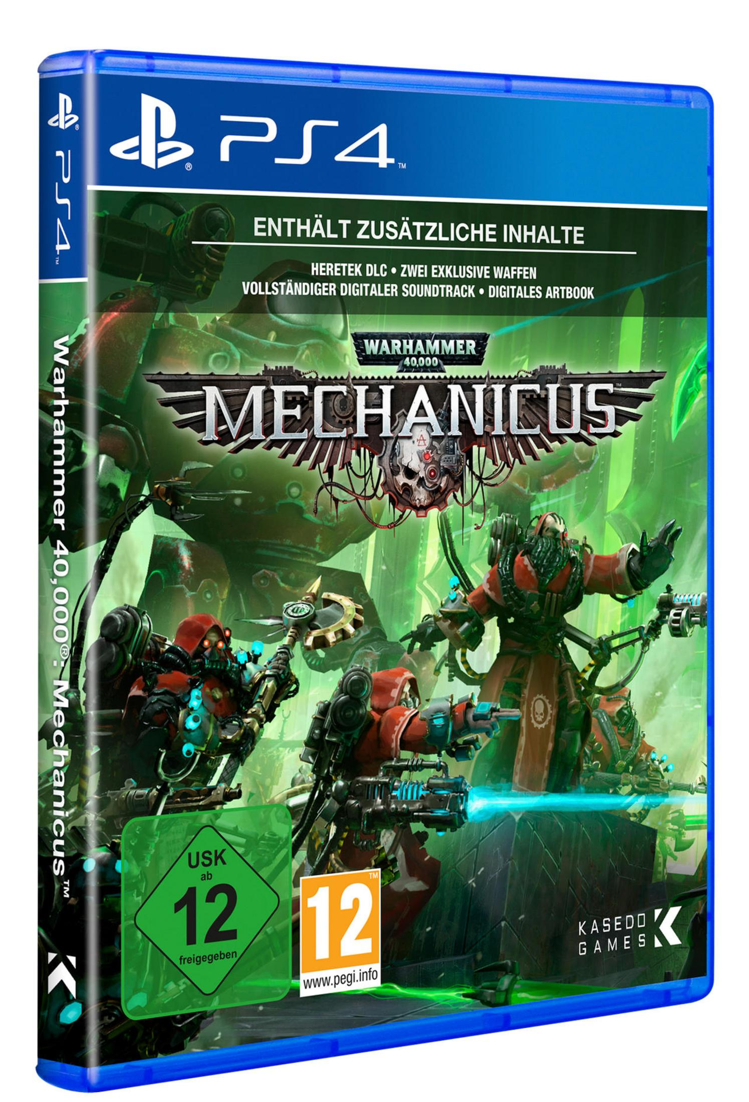 Warhammer 40.000: Mechanicus PS4-Spielcover. Es zeigt Charaktere in einer Sci-Fi-Umgebung.