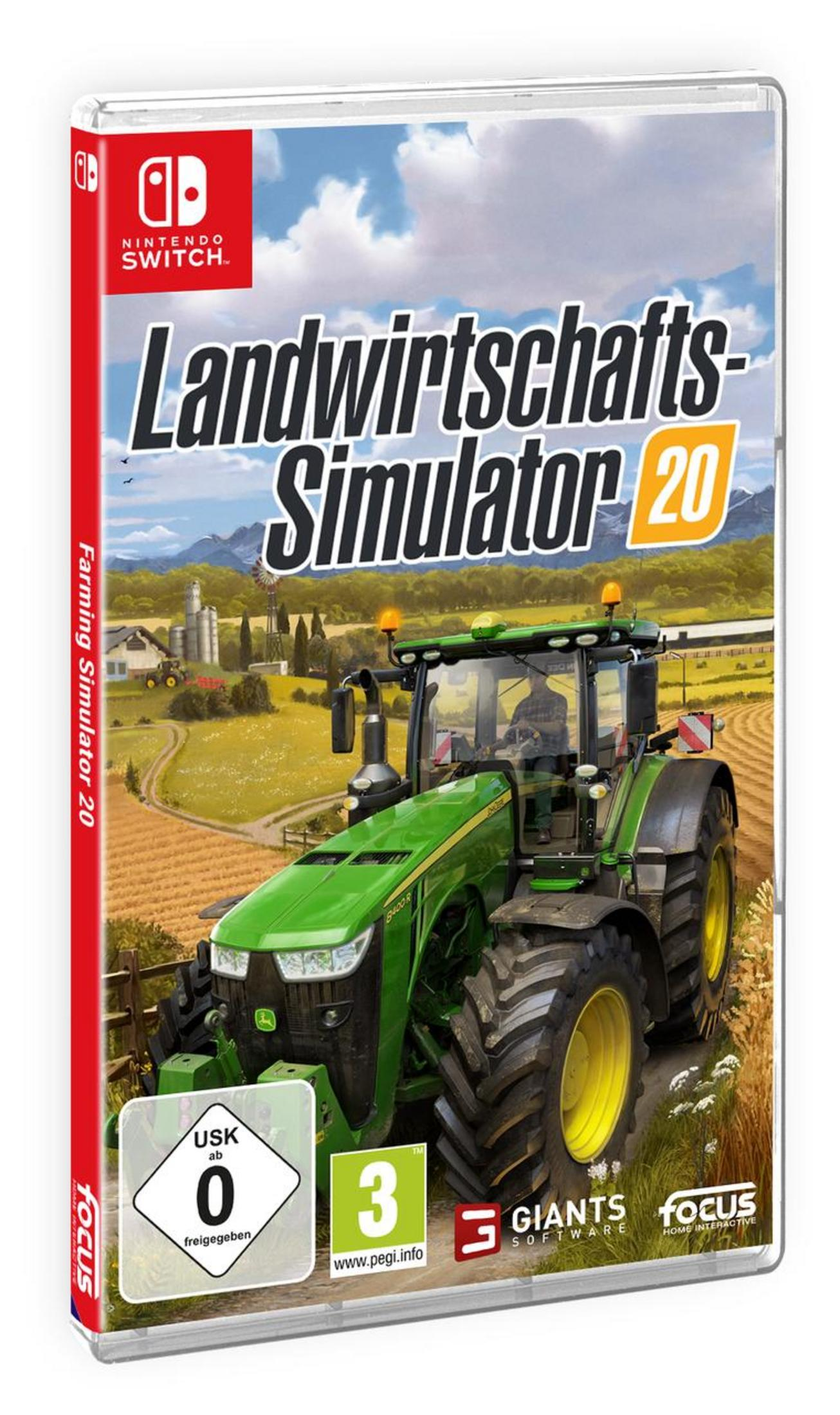Farming Simulator 20-Spielbox. Grüner Traktor auf dem Feld. Nintendo Switch-Logo oben links.