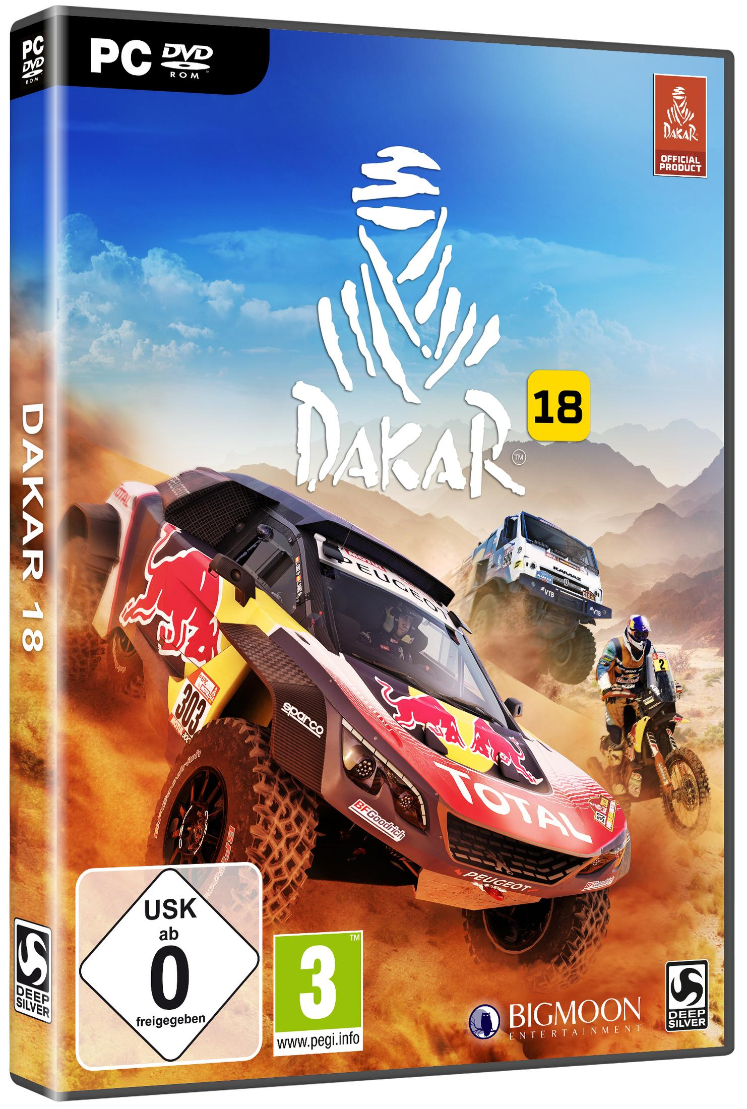 Spielbox für das PC-Spiel 'Dakar 18'. Ein Rennwagen ist auf einem Wüstengelände abgebildet.
