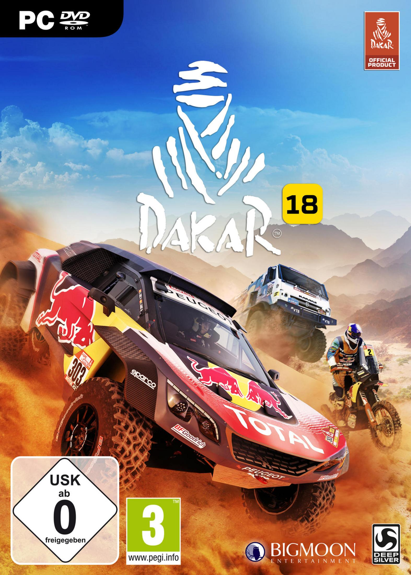 Videospiel-Box-Art für Dakar 18. Es zeigt Autos, Motorräder und das Dakar-Logo.