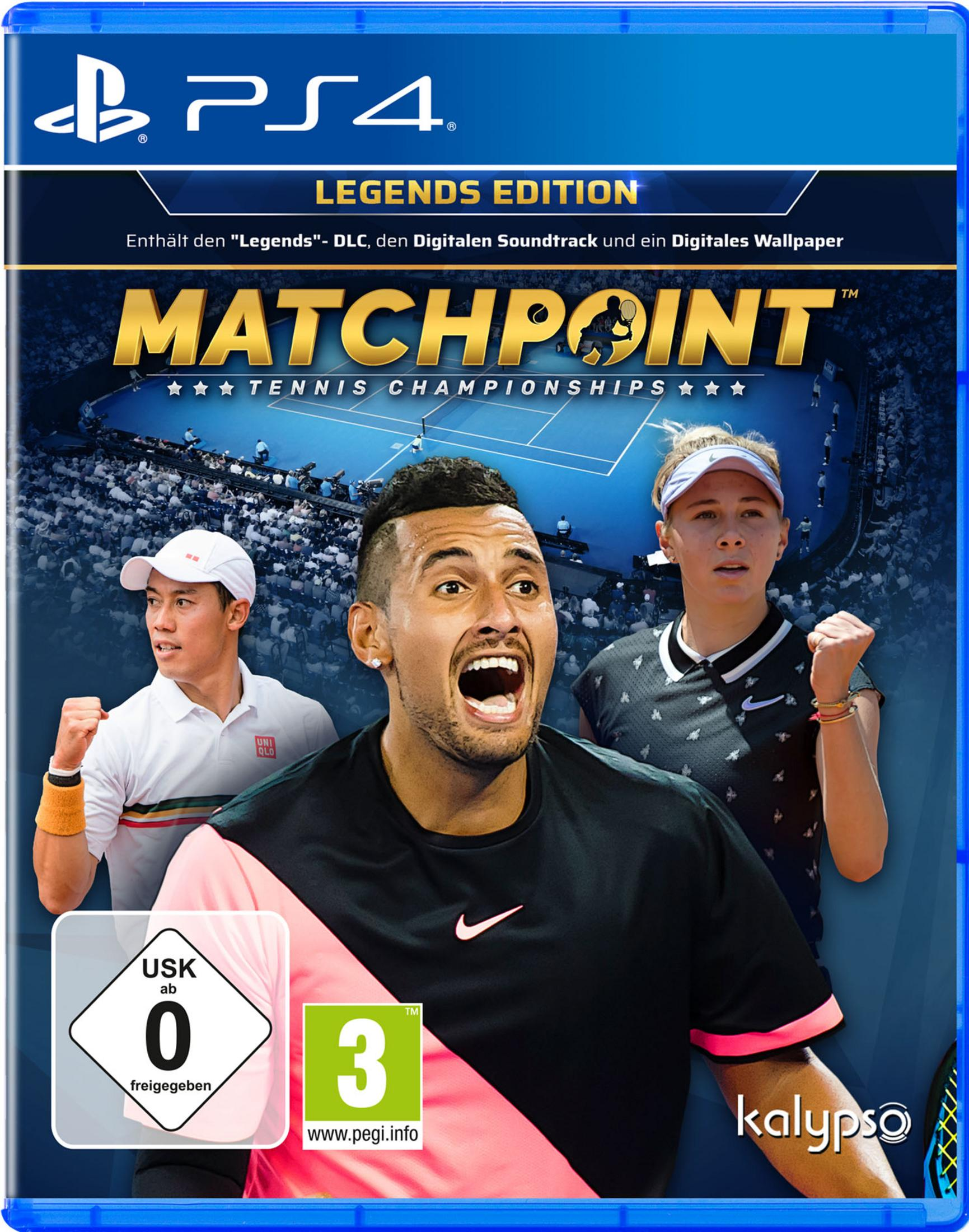 Matchpoint: Tennis Championships Spielcover. Tennisspieler auf dem Platz, mit blauem Hintergrund.