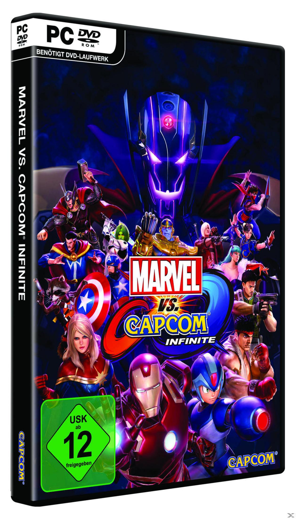Marvel vs. Capcom: Infinite Spielbox. Charaktere von Marvel und Capcom. Dunkler Hintergrund.