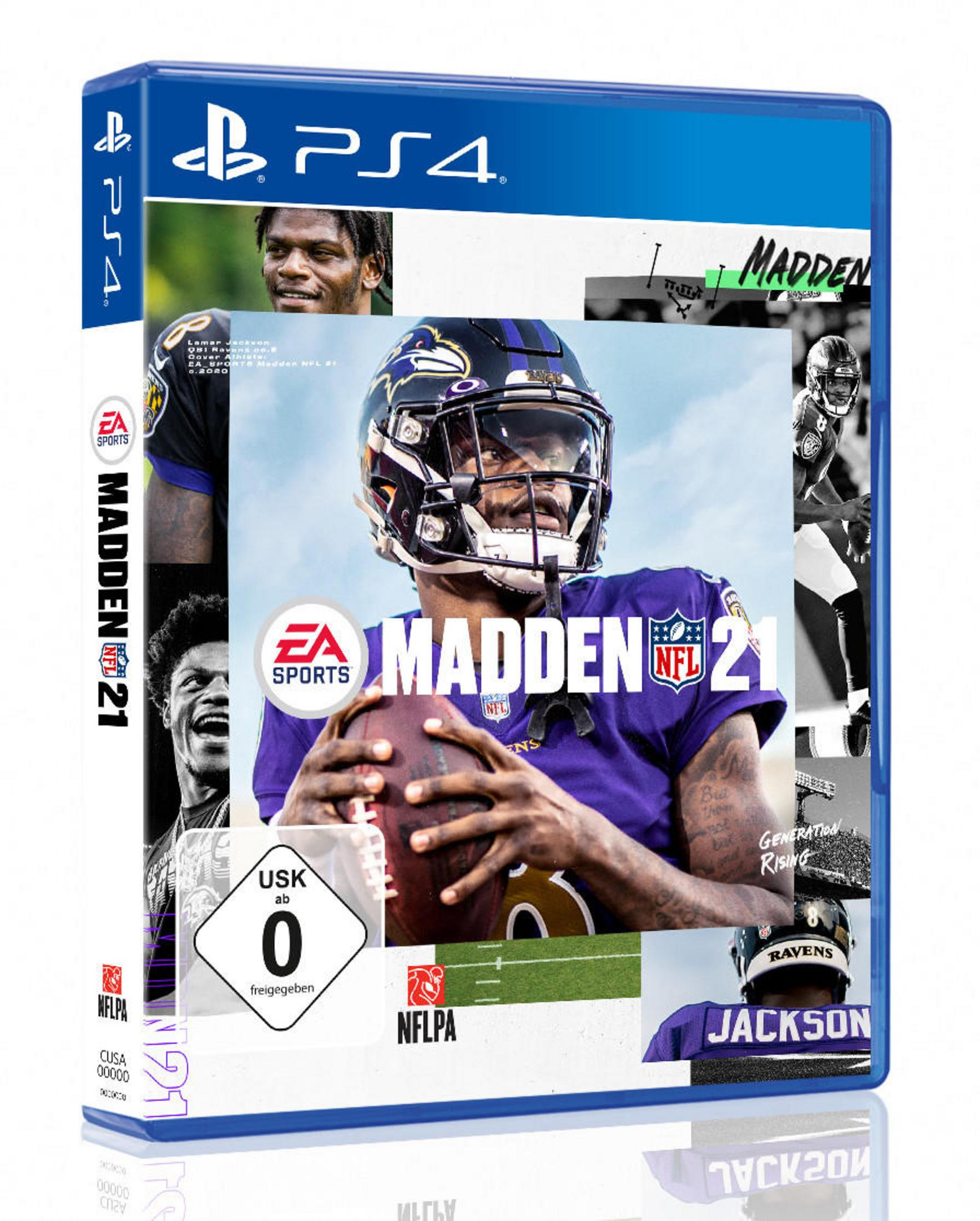 Scatola del gioco Madden NFL 21 per PS4. La copertina presenta un giocatore di football americano in uniforme viola con il logo del gioco.