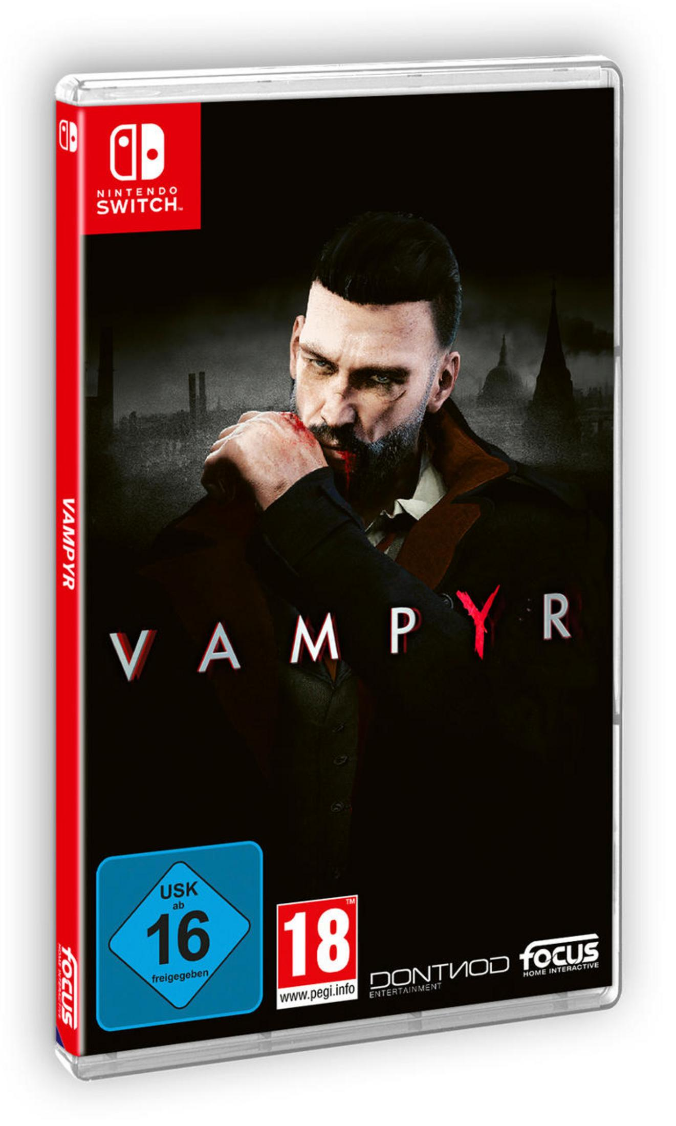 Pudełko gry Vampyr na Nintendo Switch, z mężczyzną w płaszczu i oceną USK 16.