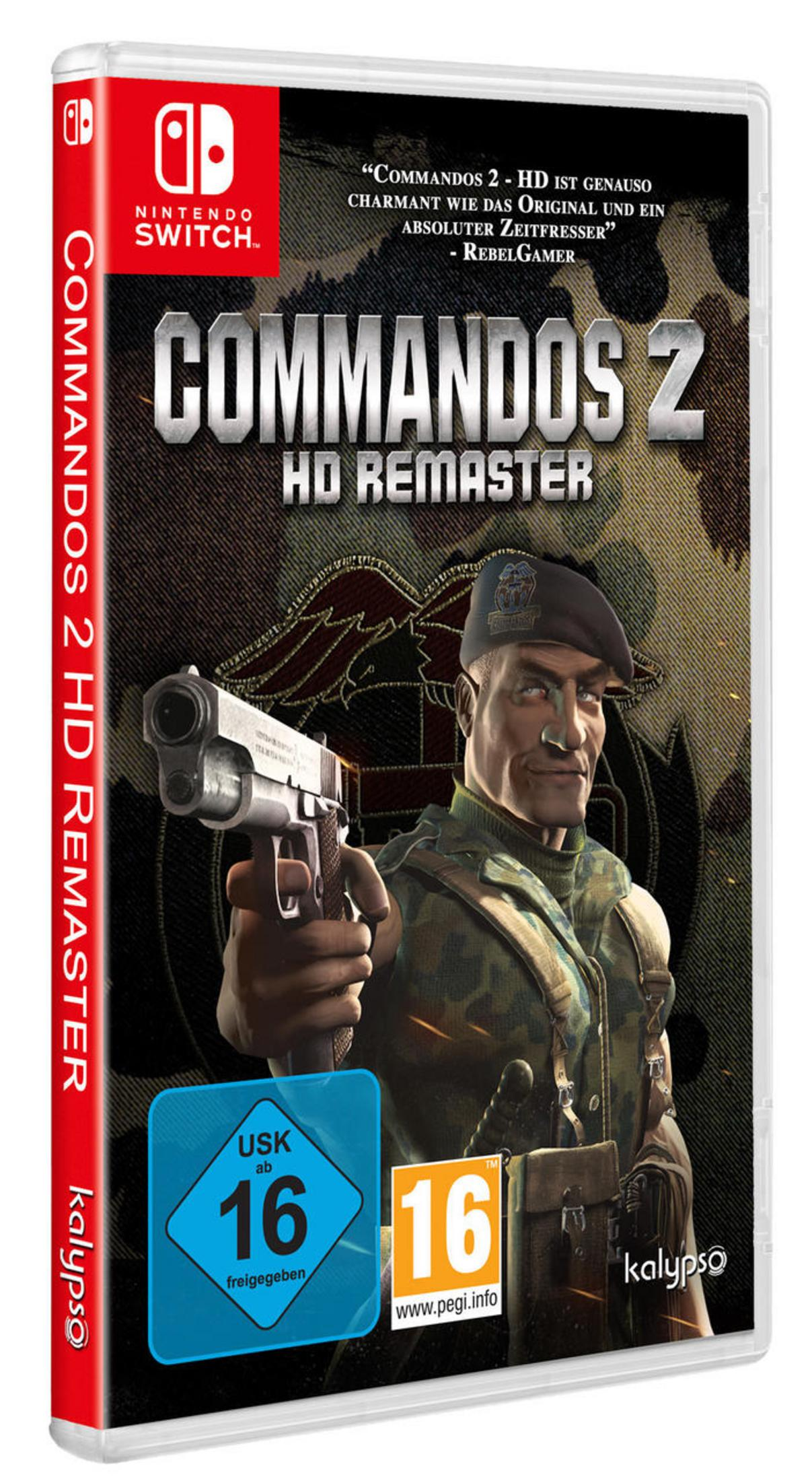 Commandos 2 HD Remaster-Spielbox. Soldat hält eine Waffe, Tarnhintergrund, USK 16-Bewertung.