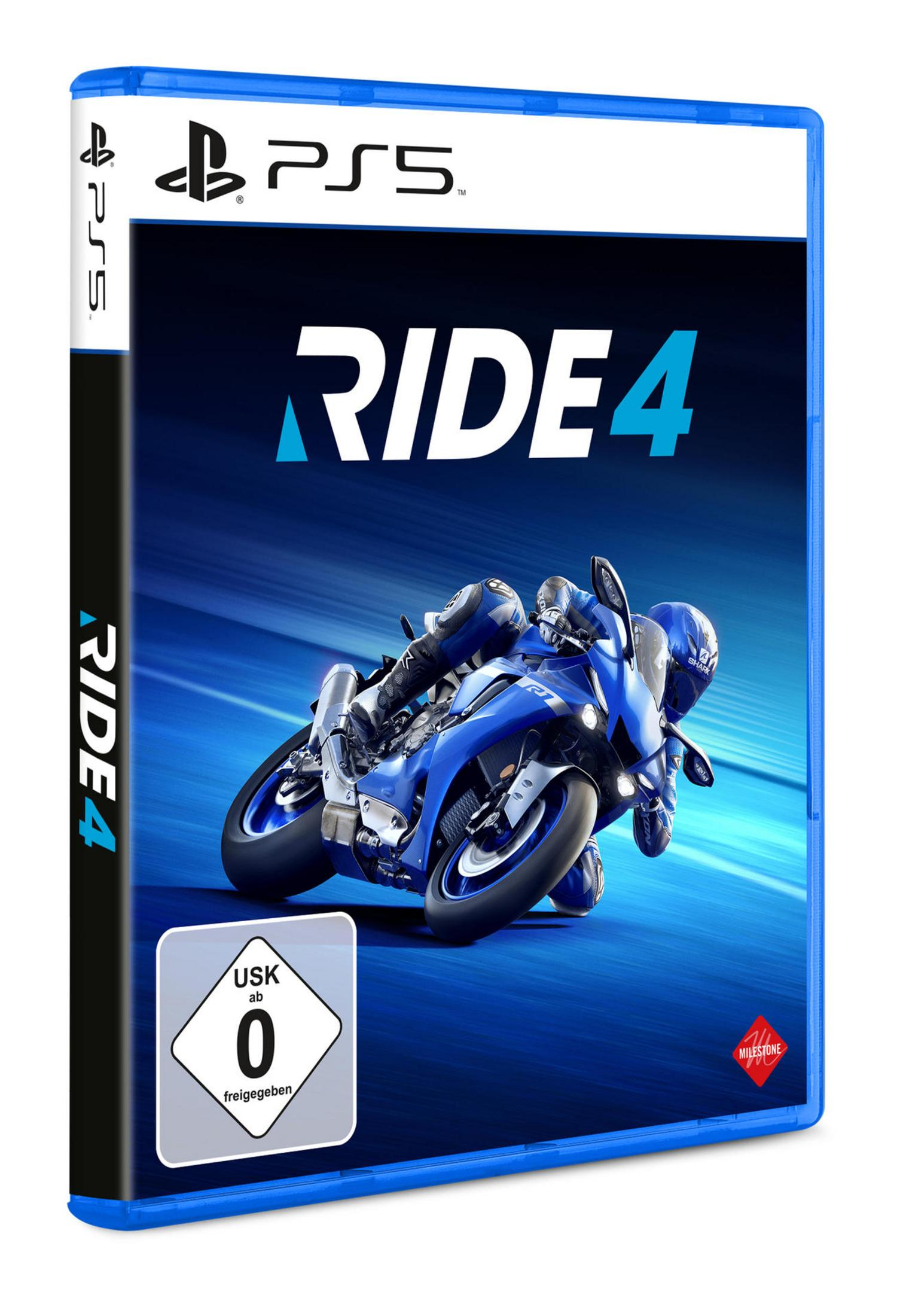 Das Cover eines PS5-Spiels, Ride 4, das ein Motorradrennen auf einer Rennstrecke zeigt.