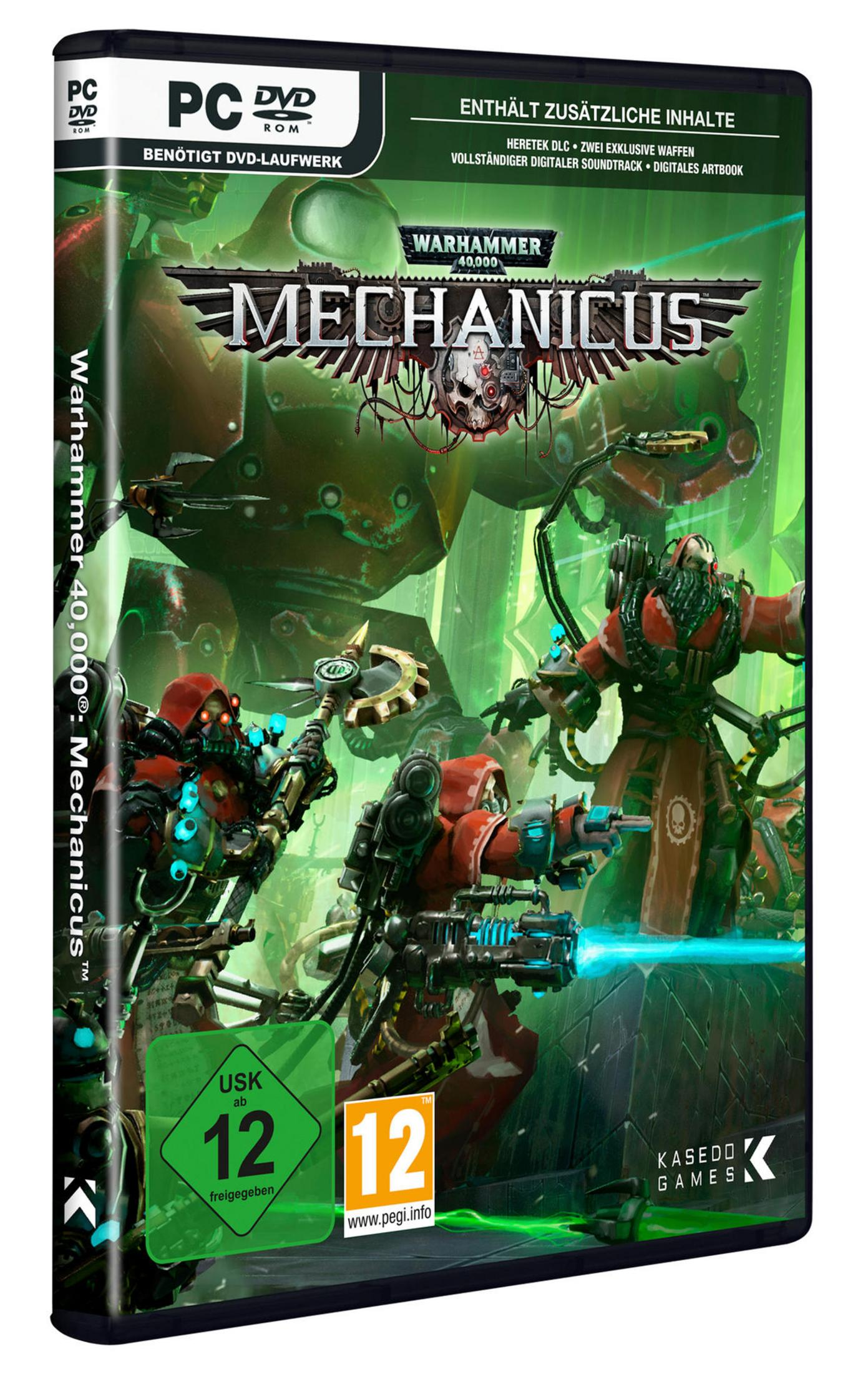 Die PC-Spielverpackung für 'Warhammer 40.000: Mechanicus', mit Science-Fiction-Charakteren.