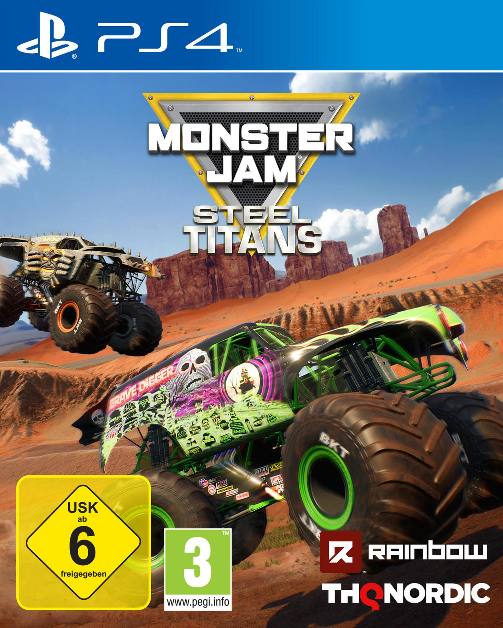 PS4-Spielhülle für Monster Jam Steel Titans. Monster Trucks auf einem Wüstenhintergrund.